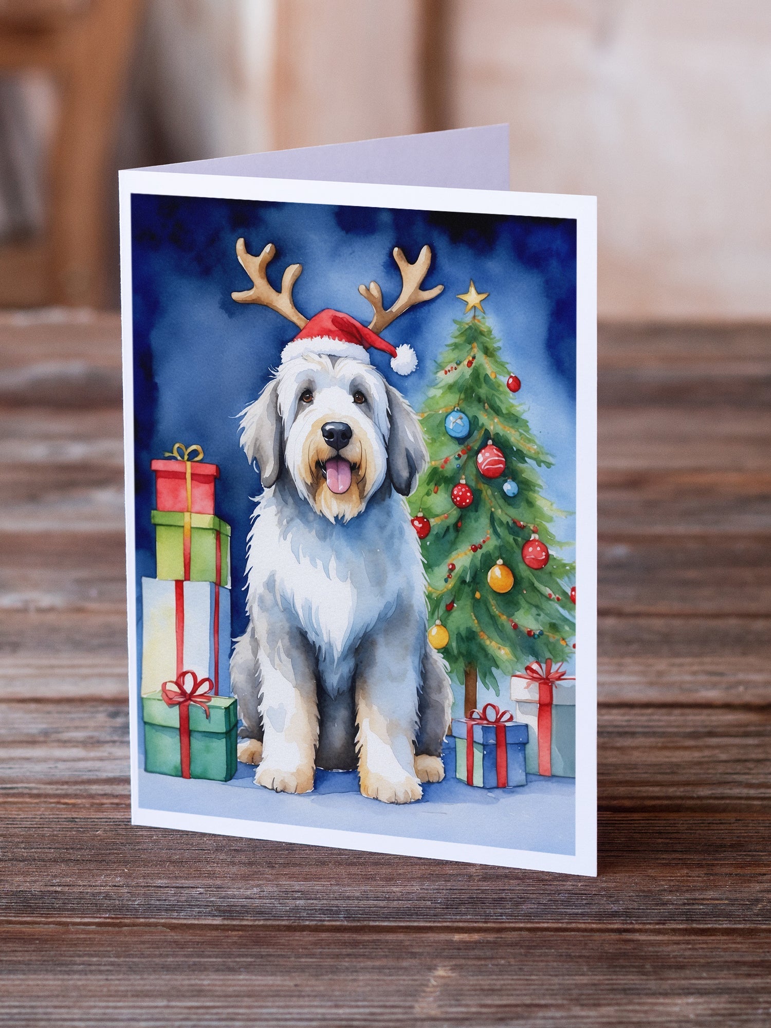 Old English Sheepdog Christmas Reindeer Greeting Cards Pack of 8 Blank Cards with Envelopes Whimsical A7 Size 5x7