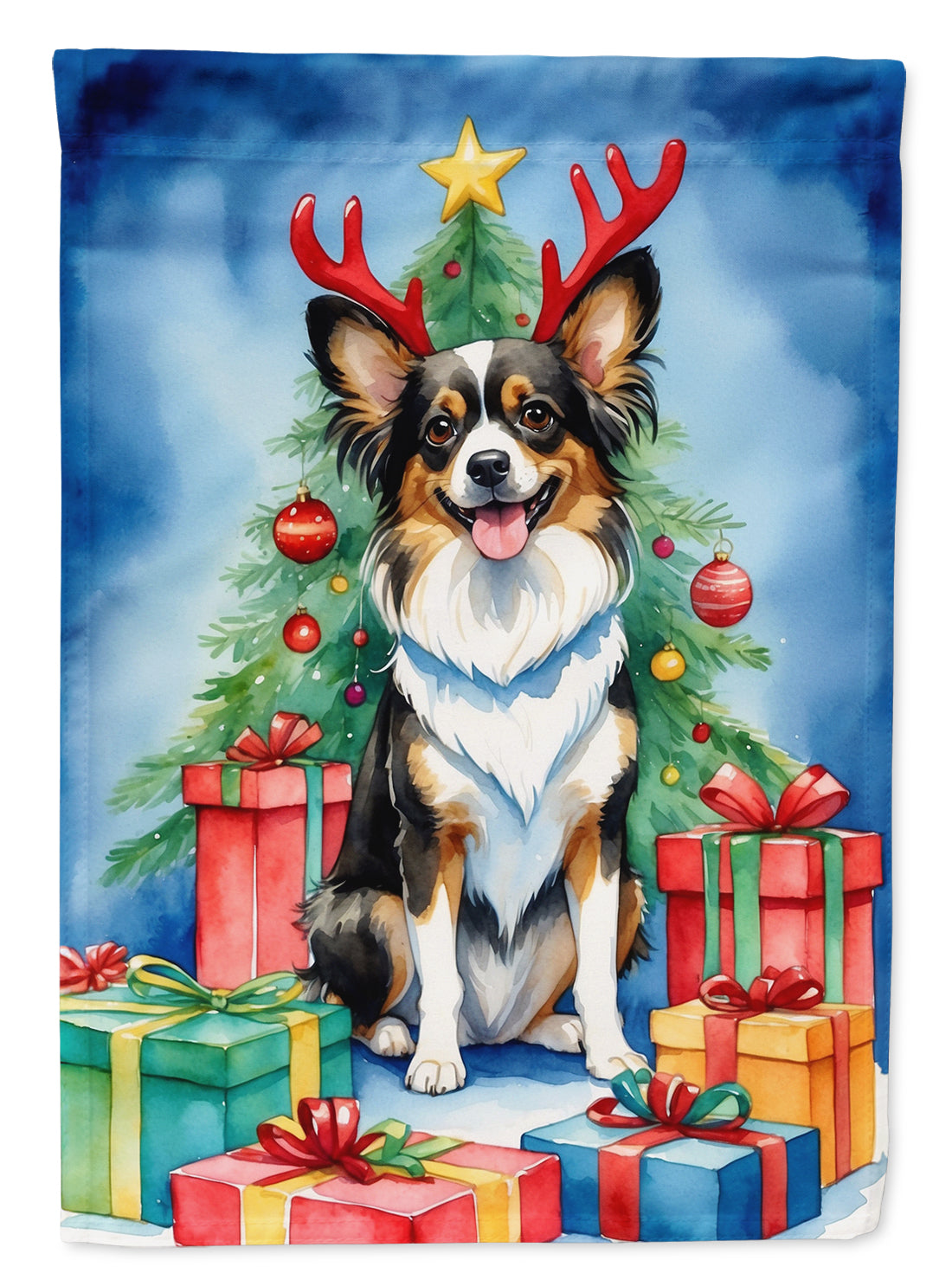 Papillon Christmas Reindeer House Flag 28x40 Porch Sleeve Pole Decorative Outside Yard Banner Artwork Wall Hanging, Polyester
