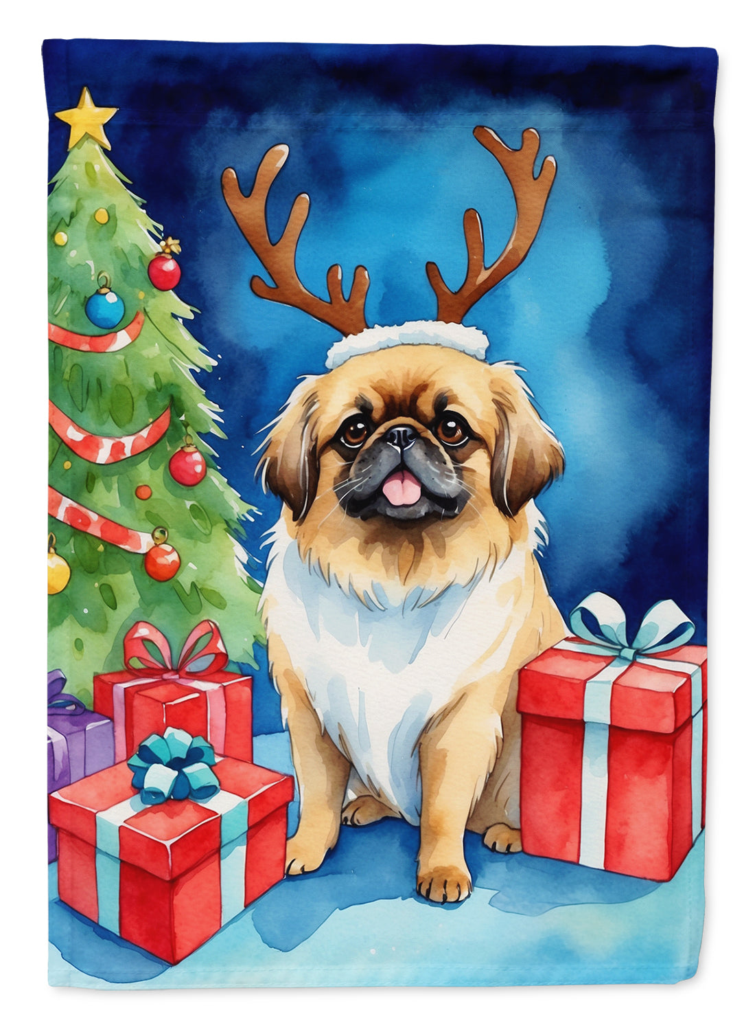 Pekingese Christmas Reindeer House Flag 28x40 Porch Sleeve Pole Decorative Outside Yard Banner Artwork Wall Hanging, Polyester