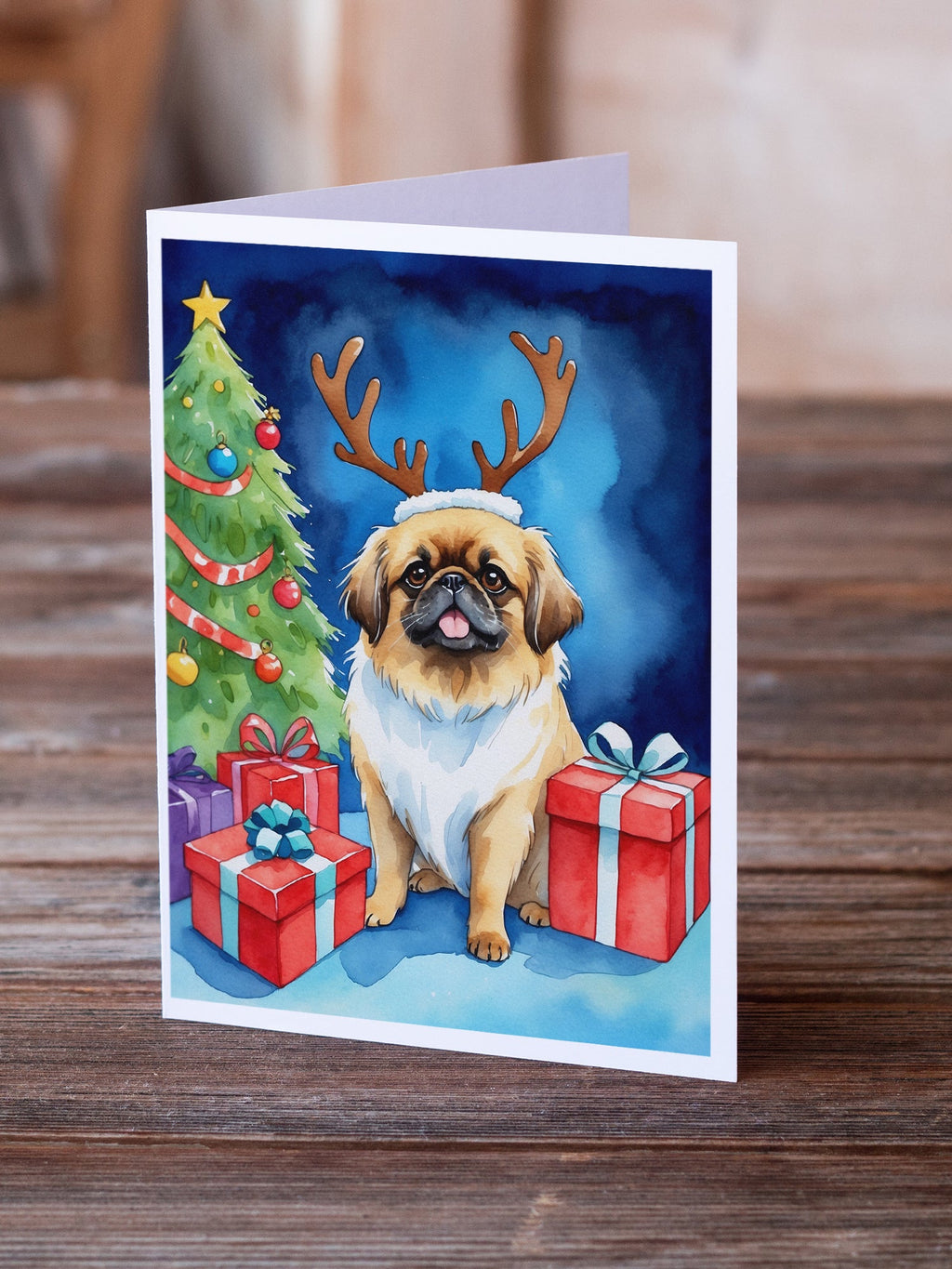 Pekingese Christmas Reindeer Greeting Cards Pack of 8 Blank Cards with Envelopes Whimsical A7 Size 5x7