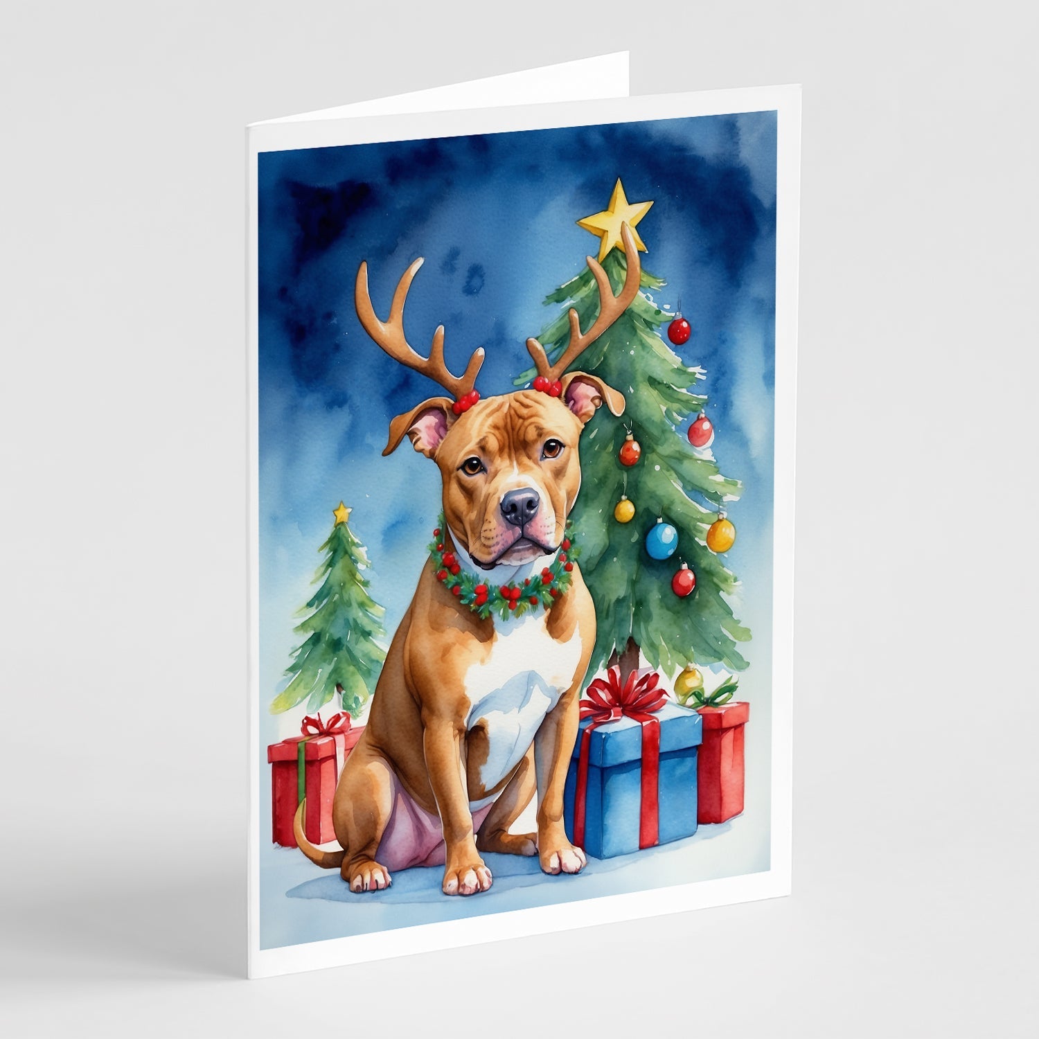 Pit Bull Terrier Christmas Reindeer Greeting Cards Pack of 8 Blank Cards with Envelopes Whimsical A7 Size 5x7