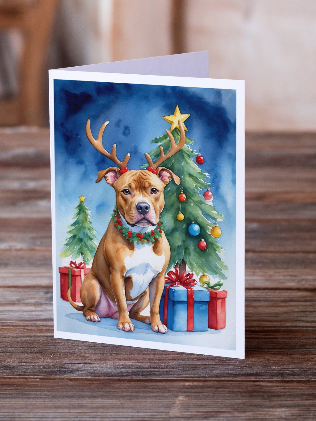Pit Bull Terrier Christmas Reindeer Greeting Cards Pack of 8 Blank Cards with Envelopes Whimsical A7 Size 5x7