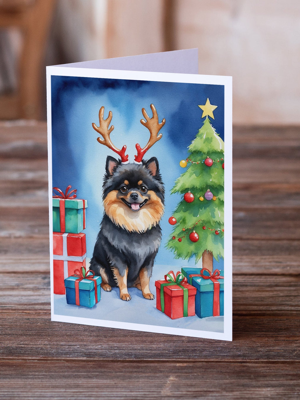 Pomeranian Christmas Reindeer Greeting Cards Pack of 8 Blank Cards with Envelopes Whimsical A7 Size 5x7