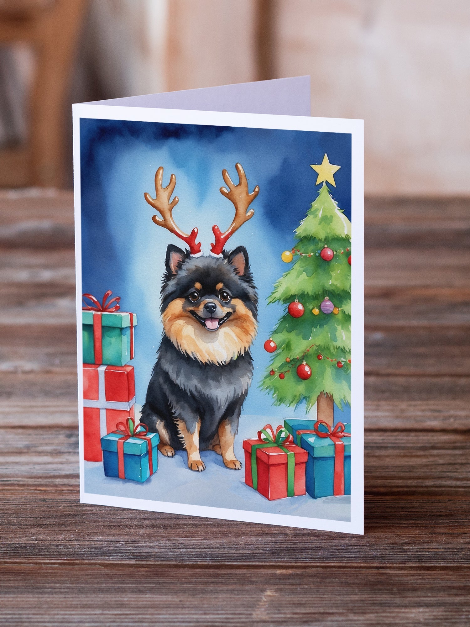 Pomeranian Christmas Reindeer Greeting Cards Pack of 8 Blank Cards with Envelopes Whimsical A7 Size 5x7