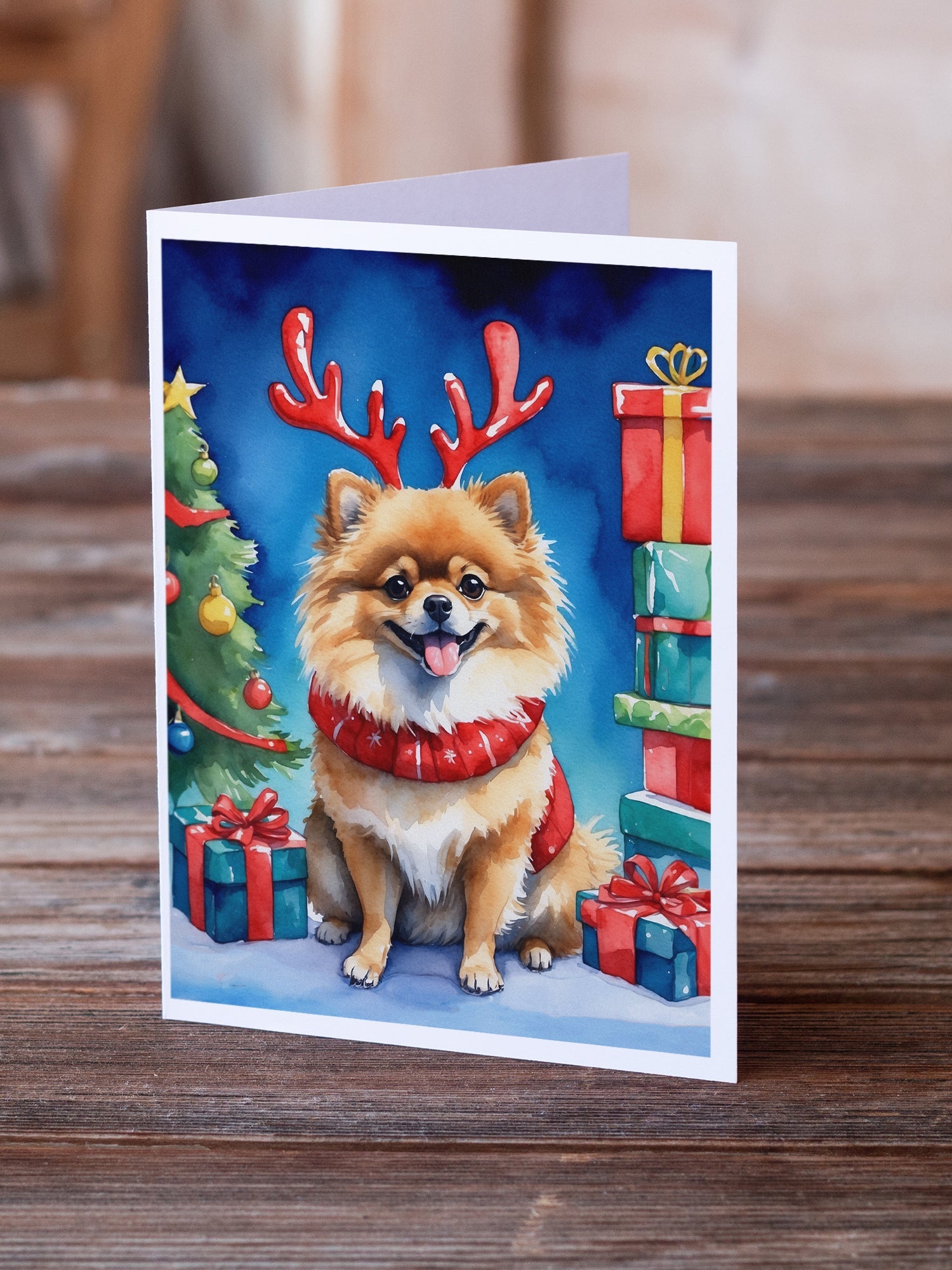 Pomeranian Christmas Reindeer Greeting Cards Pack of 8 Blank Cards with Envelopes Whimsical A7 Size 5x7