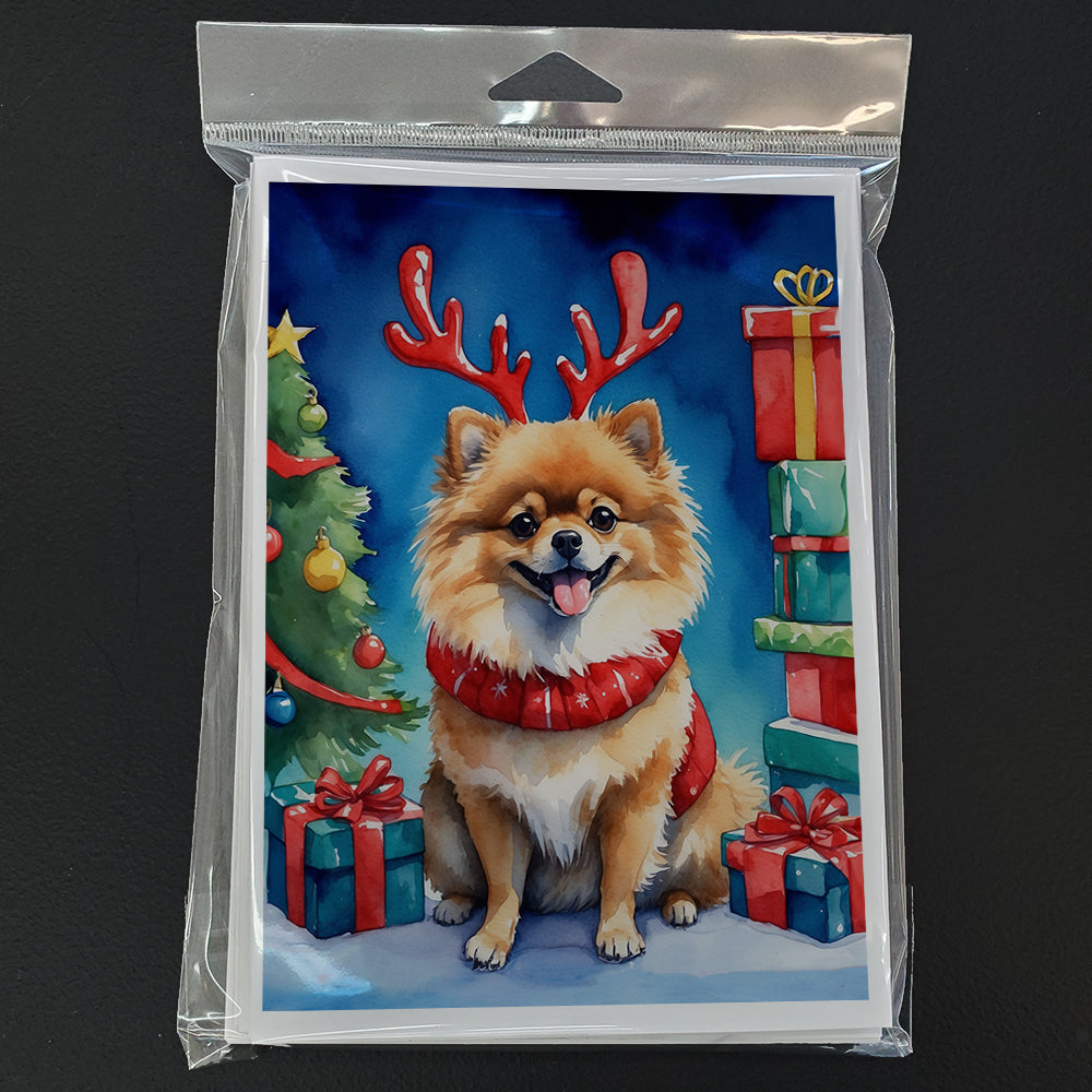 Pomeranian Christmas Reindeer Greeting Cards Pack of 8 Blank Cards with Envelopes Whimsical A7 Size 5x7