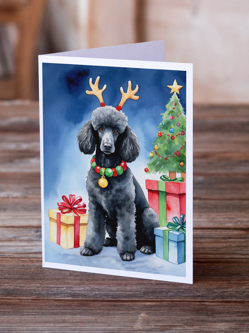 Black Standard Poodle Christmas Reindeer Greeting Cards Pack of 8 Blank Cards with Envelopes Whimsical A7 Size 5x7