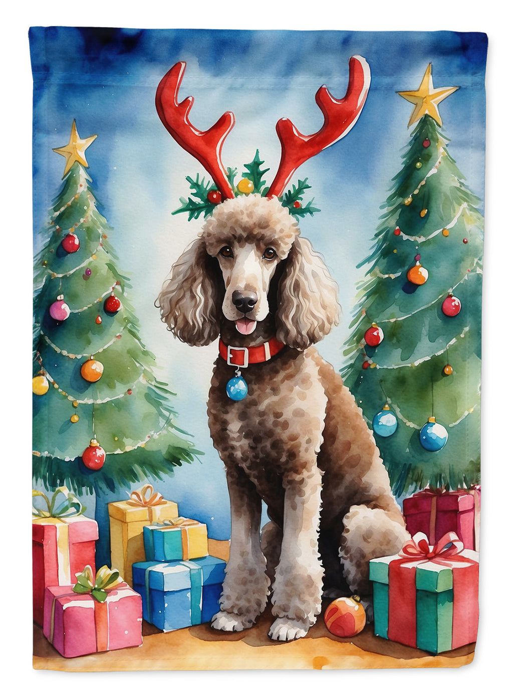 Chocolate Standard Poodle Christmas Reindeer House Flag 28x40 Porch Sleeve Pole Decorative Outside Yard Banner Artwork Wall Hanging, Polyester