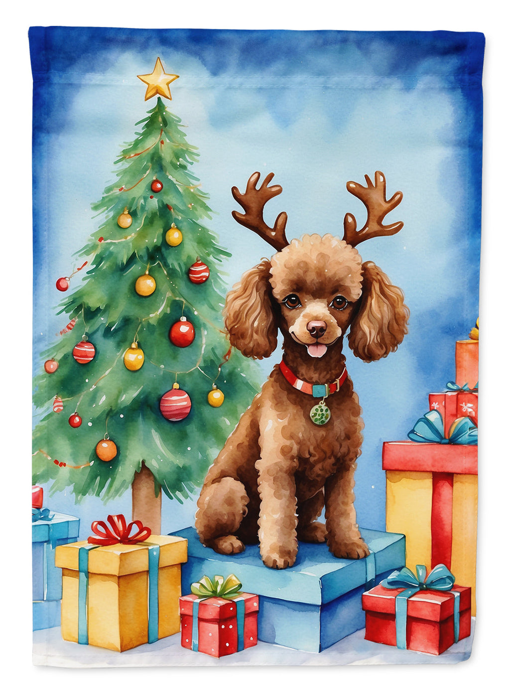Chocolate Toy Poodle Christmas Reindeer House Flag 28x40 Porch Sleeve Pole Decorative Outside Yard Banner Artwork Wall Hanging, Polyester