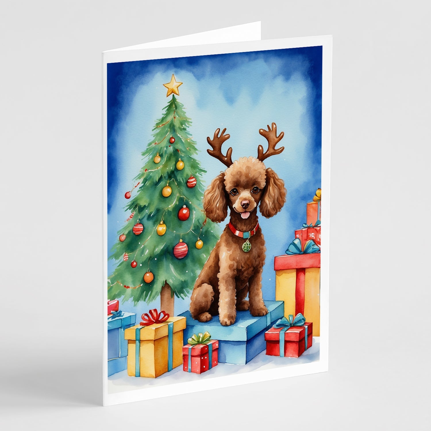Chocolate Toy Poodle Christmas Reindeer Greeting Cards Pack of 8 Blank Cards with Envelopes Whimsical A7 Size 5x7