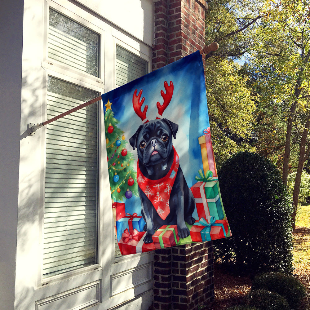 Black Pug Christmas Reindeer House Flag 28x40 Porch Sleeve Pole Decorative Outside Yard Banner Artwork Wall Hanging, Polyester