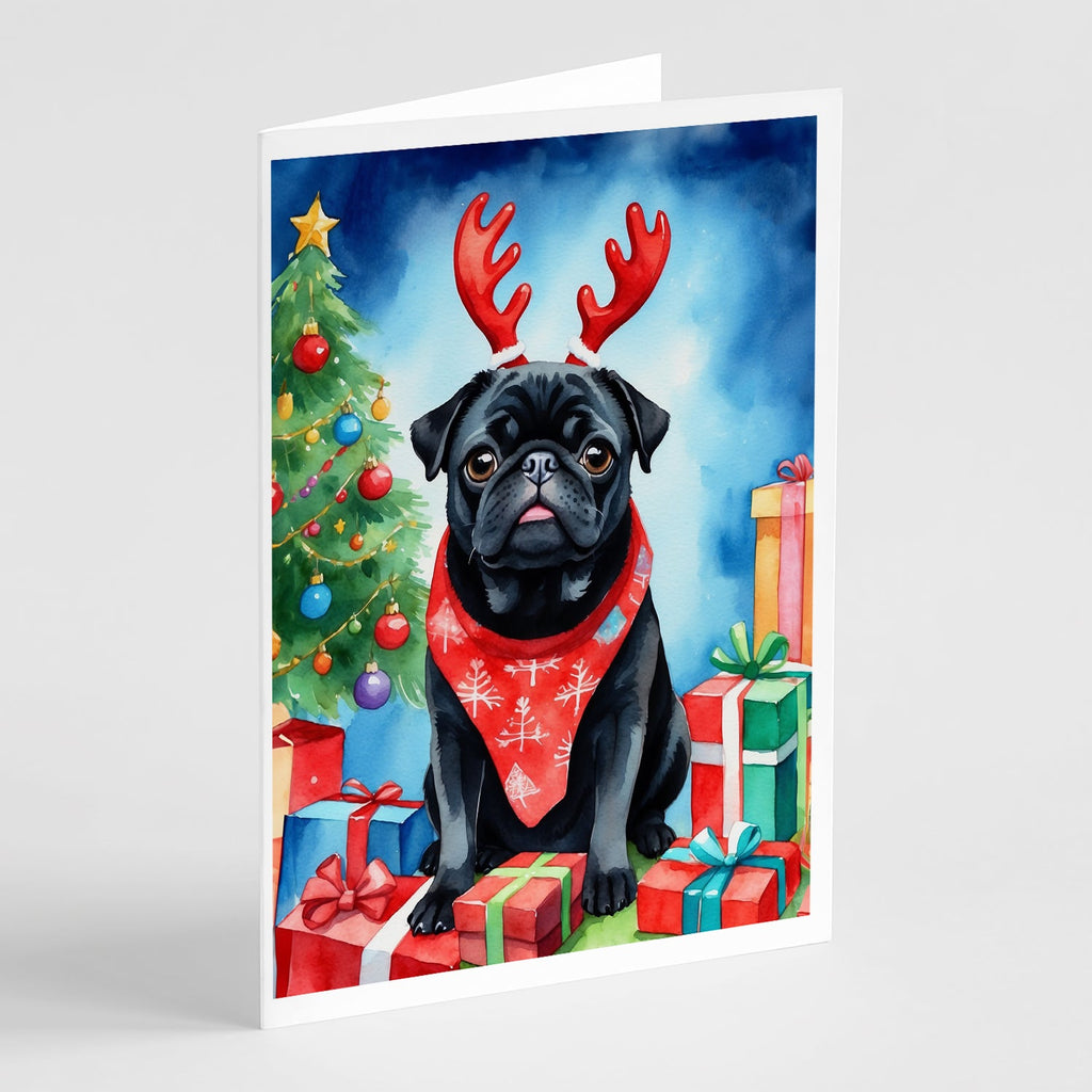 Black Pug Christmas Reindeer Greeting Cards Pack of 8 Blank Cards with Envelopes Whimsical A7 Size 5x7