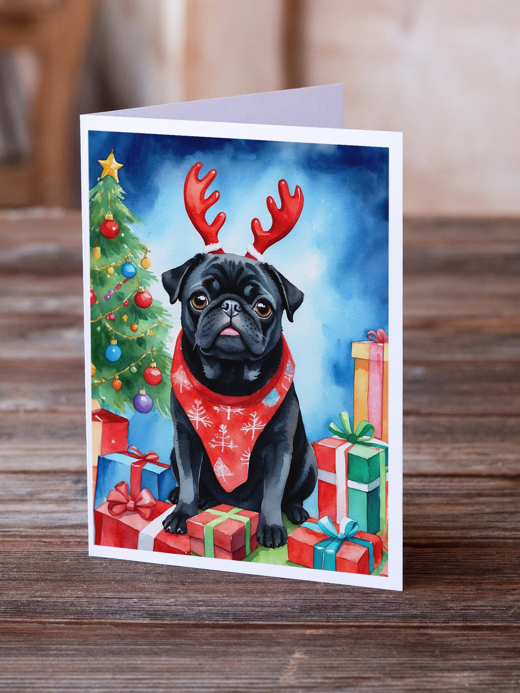 Black Pug Christmas Reindeer Greeting Cards Pack of 8 Blank Cards with Envelopes Whimsical A7 Size 5x7