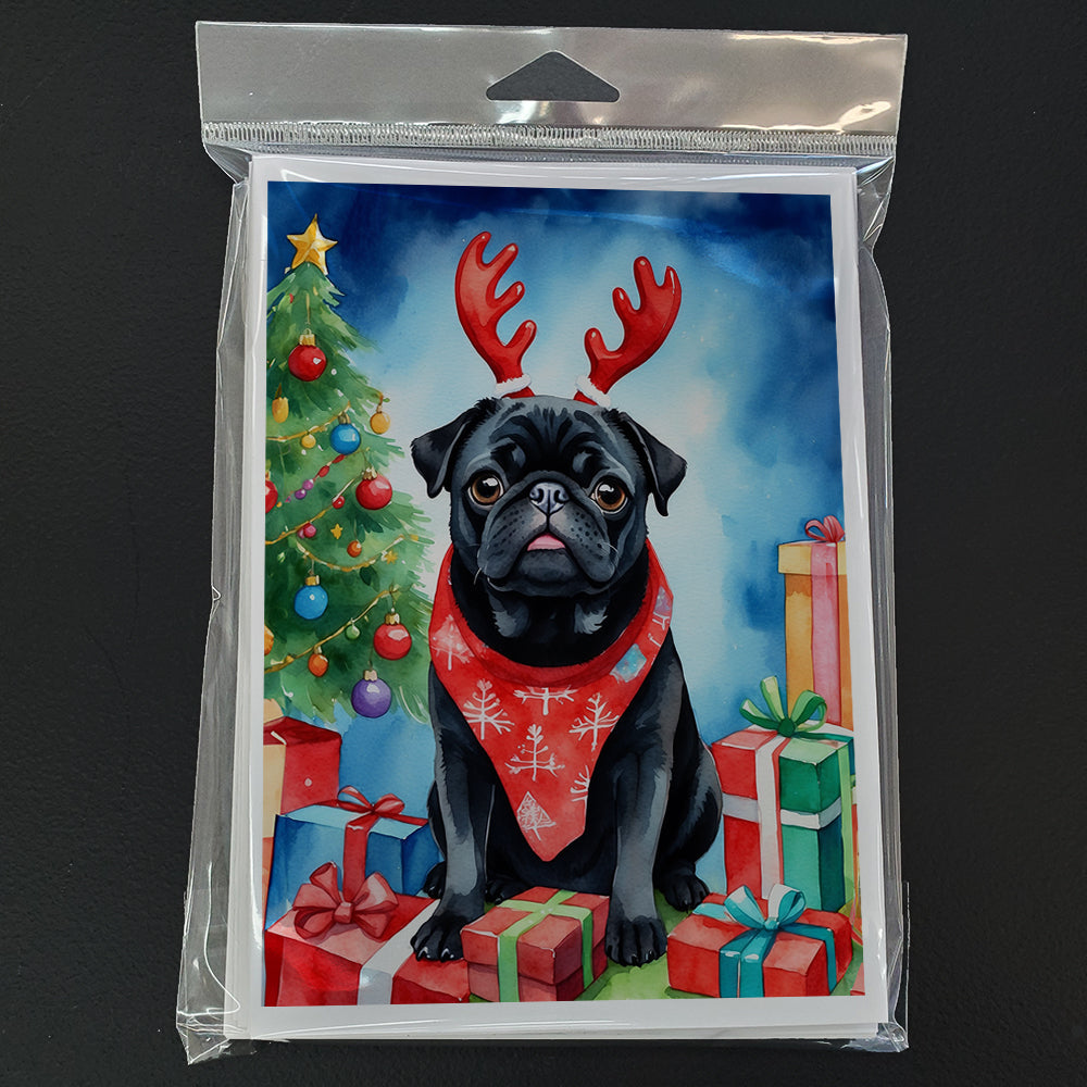Black Pug Christmas Reindeer Greeting Cards Pack of 8 Blank Cards with Envelopes Whimsical A7 Size 5x7