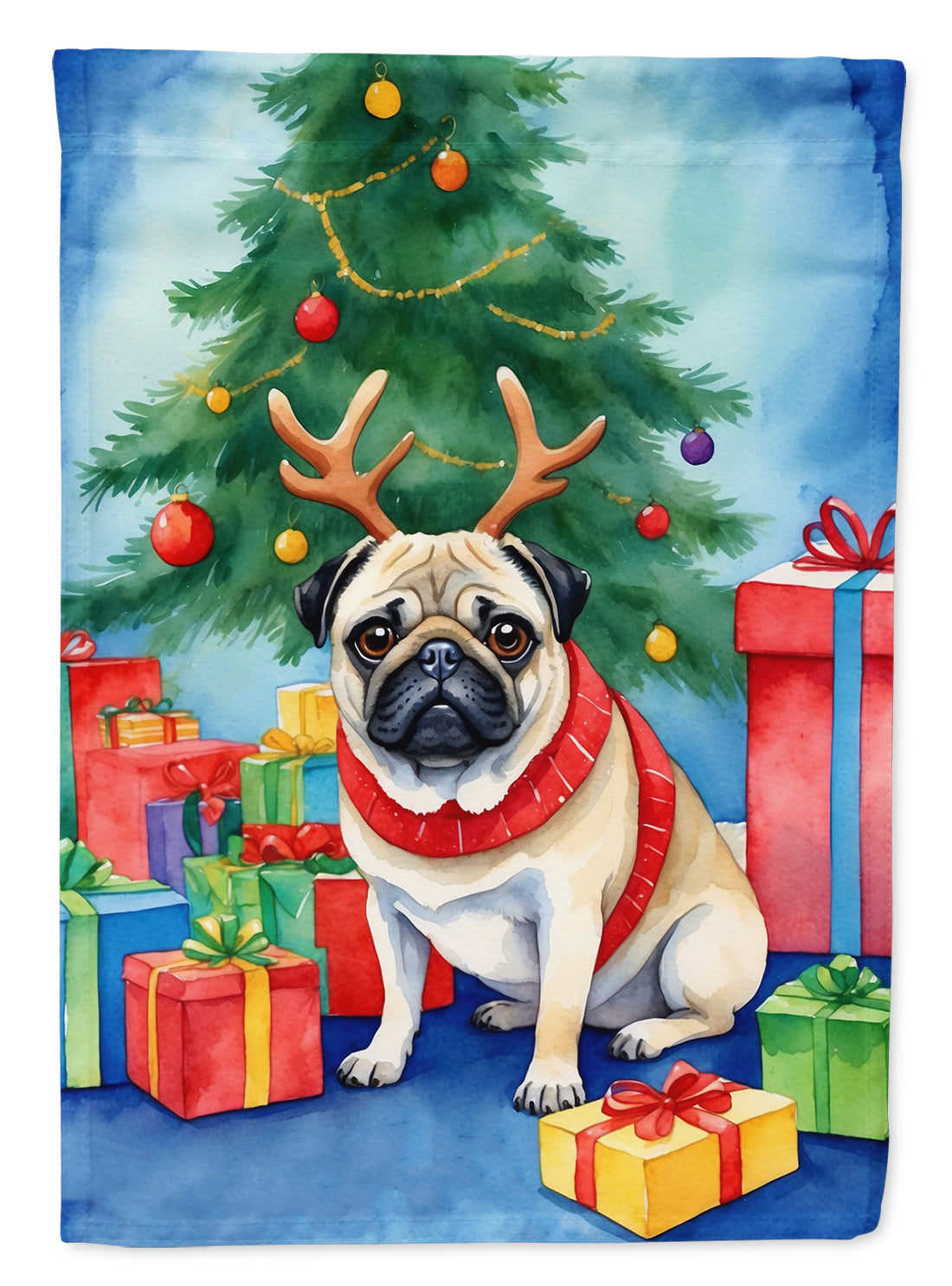 Pug Christmas Reindeer House Flag 28x40 Porch Sleeve Pole Decorative Outside Yard Banner Artwork Wall Hanging, Polyester