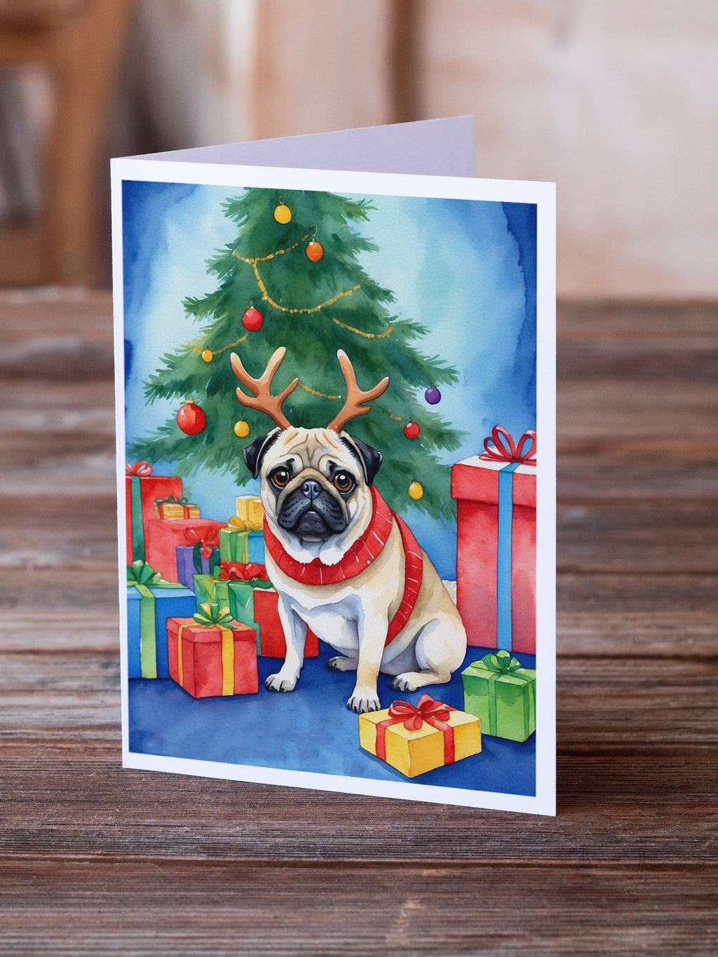Pug Christmas Reindeer Greeting Cards Pack of 8 Blank Cards with Envelopes Whimsical A7 Size 5x7