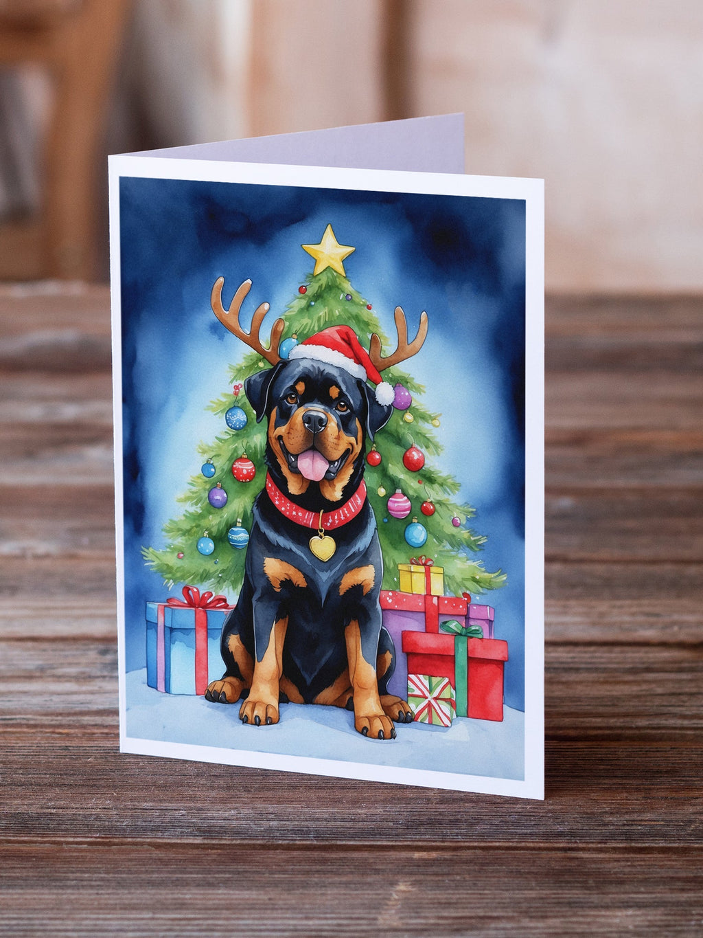 Rottweiler Christmas Reindeer Greeting Cards Pack of 8 Blank Cards with Envelopes Whimsical A7 Size 5x7