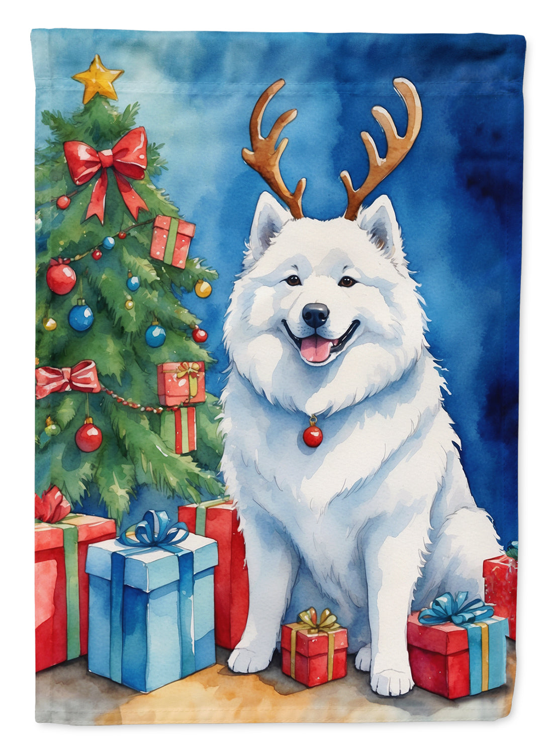 Samoyed Christmas Reindeer House Flag 28x40 Porch Sleeve Pole Decorative Outside Yard Banner Artwork Wall Hanging, Polyester