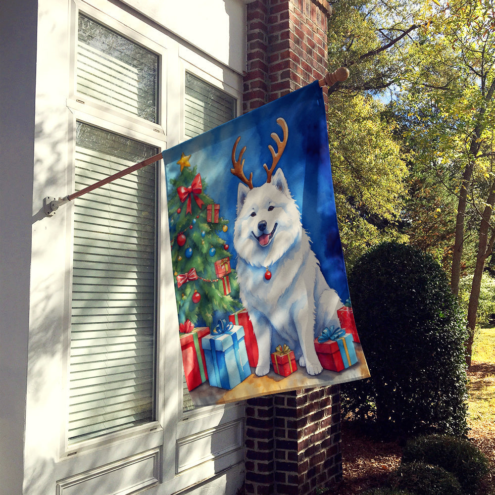 Samoyed Christmas Reindeer House Flag 28x40 Porch Sleeve Pole Decorative Outside Yard Banner Artwork Wall Hanging, Polyester