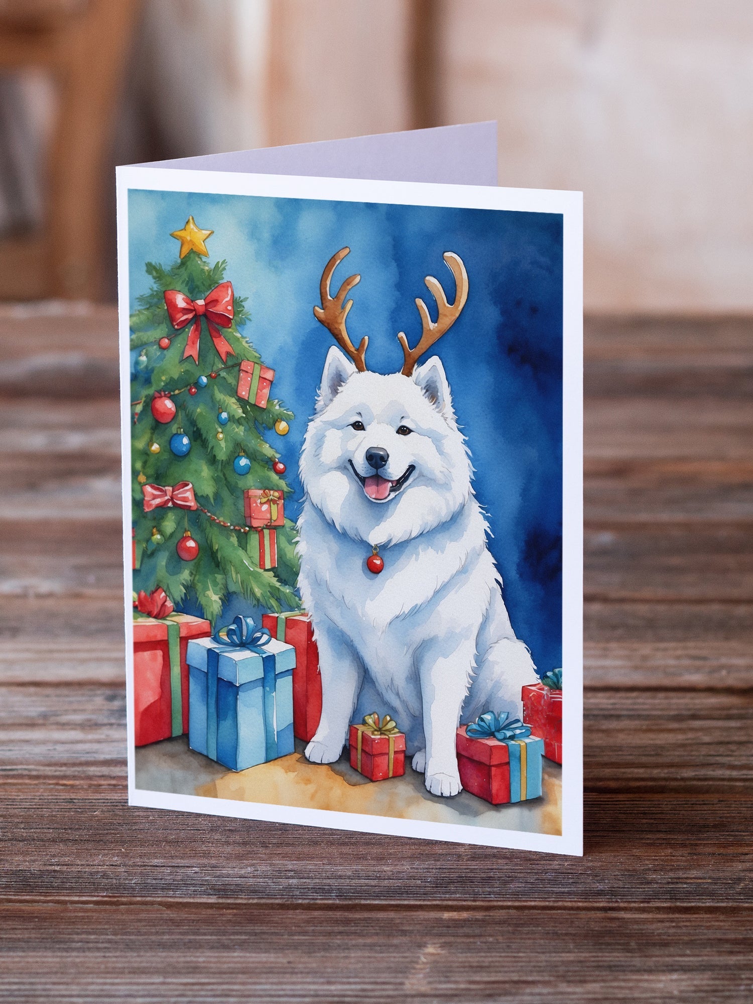 Samoyed Christmas Reindeer Greeting Cards Pack of 8 Blank Cards with Envelopes Whimsical A7 Size 5x7