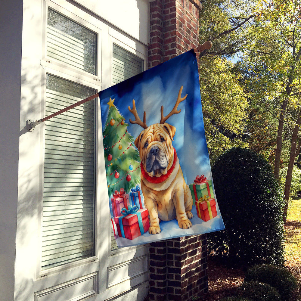 Shar Pei Christmas Reindeer House Flag 28x40 Porch Sleeve Pole Decorative Outside Yard Banner Artwork Wall Hanging, Polyester
