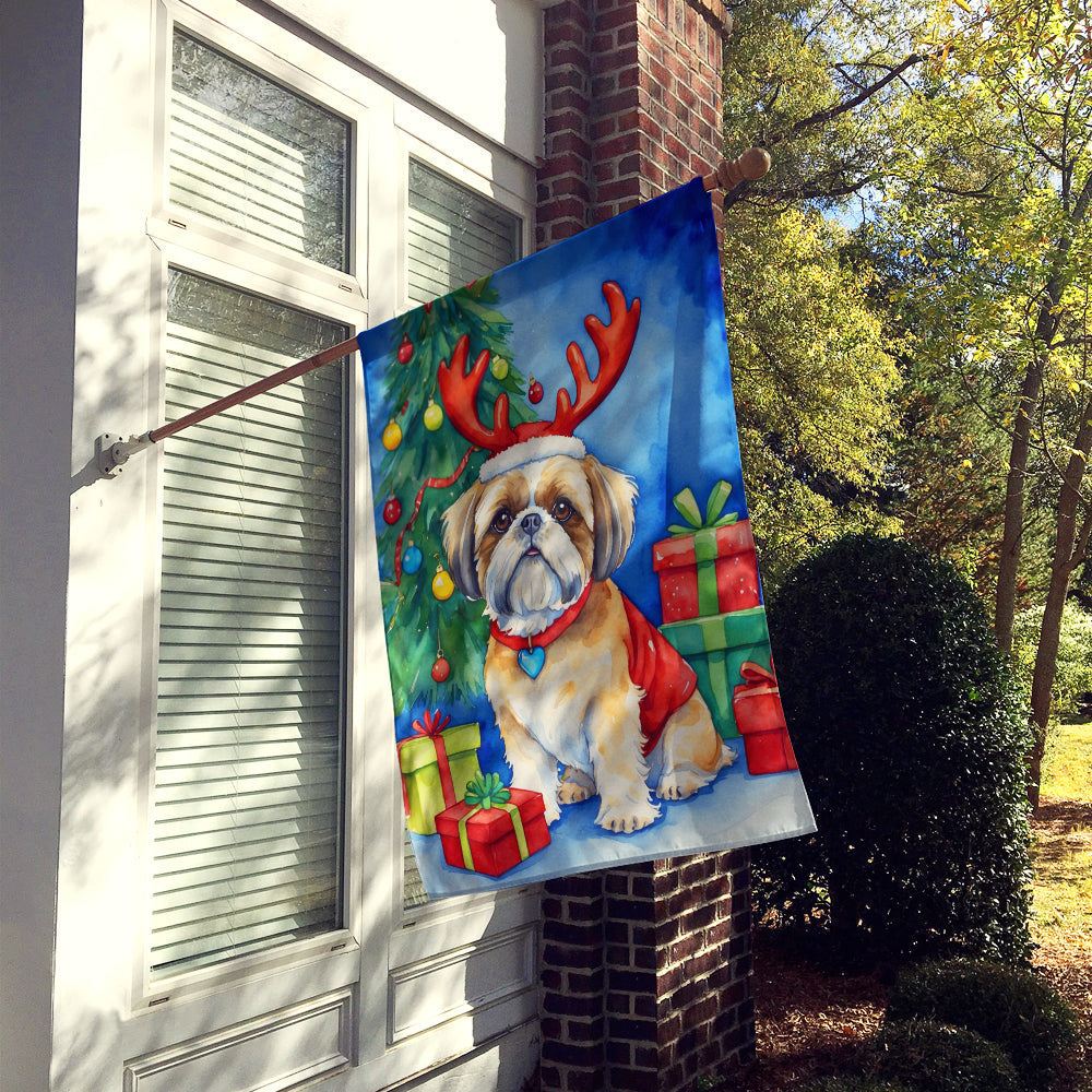 Shih Tzu Christmas Reindeer House Flag 28x40 Porch Sleeve Pole Decorative Outside Yard Banner Artwork Wall Hanging, Polyester