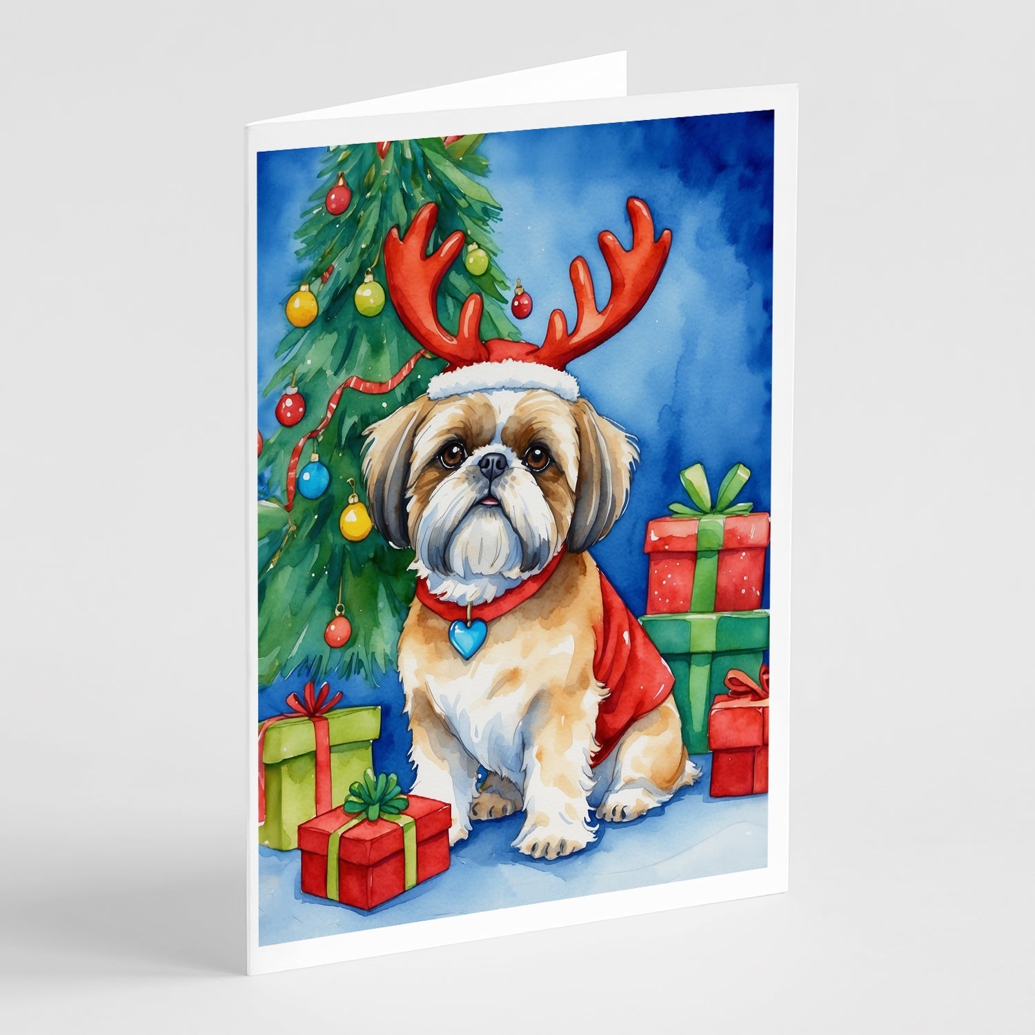 Shih Tzu Christmas Reindeer Greeting Cards Pack of 8 Blank Cards with Envelopes Whimsical A7 Size 5x7