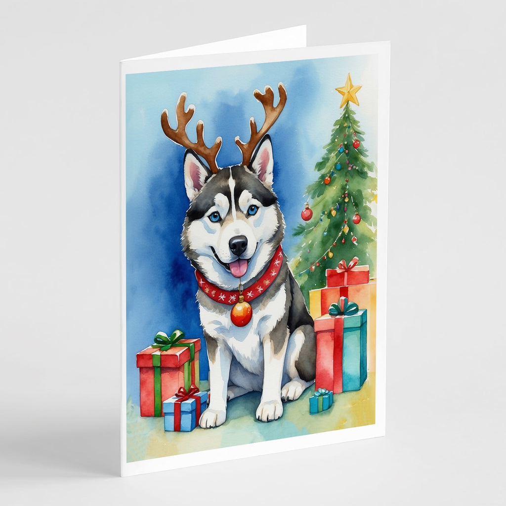 Siberian Husky Christmas Reindeer Greeting Cards Pack of 8 Blank Cards with Envelopes Whimsical A7 Size 5x7