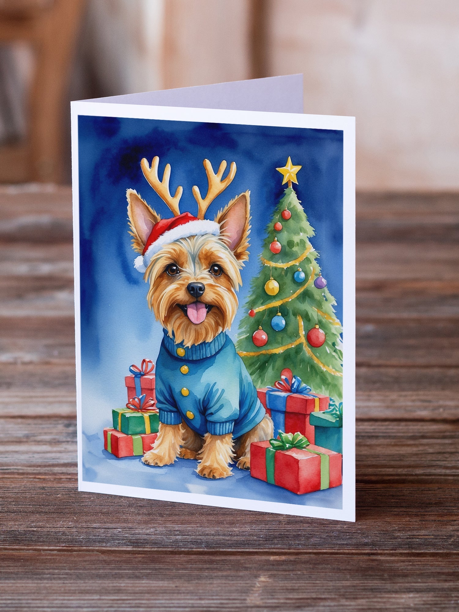 Silky Terrier Christmas Reindeer Greeting Cards Pack of 8 Blank Cards with Envelopes Whimsical A7 Size 5x7