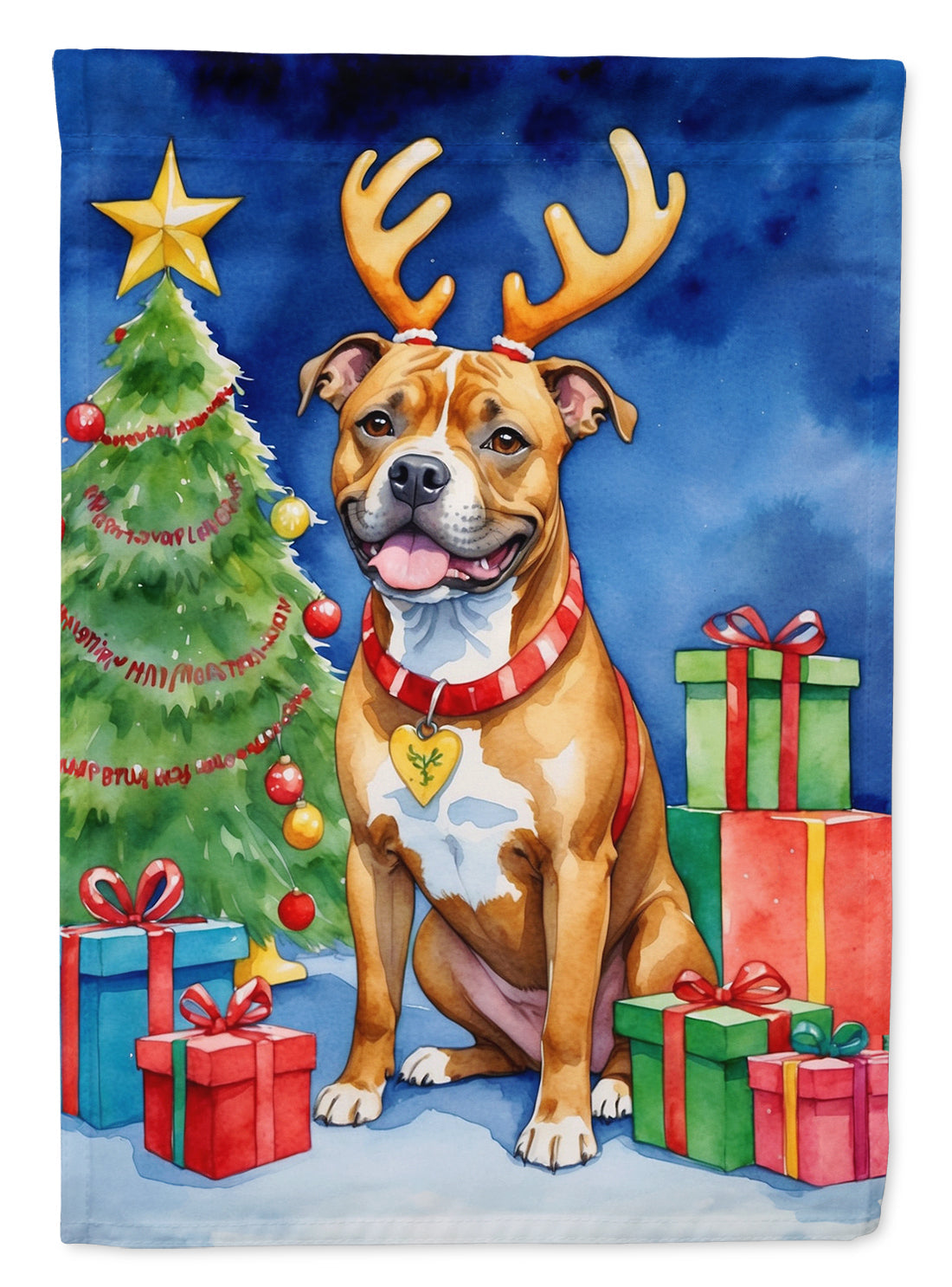 Staffordshire Bull Terrier Christmas Reindeer House Flag 28x40 Porch Sleeve Pole Decorative Outside Yard Banner Artwork Wall Hanging, Polyester