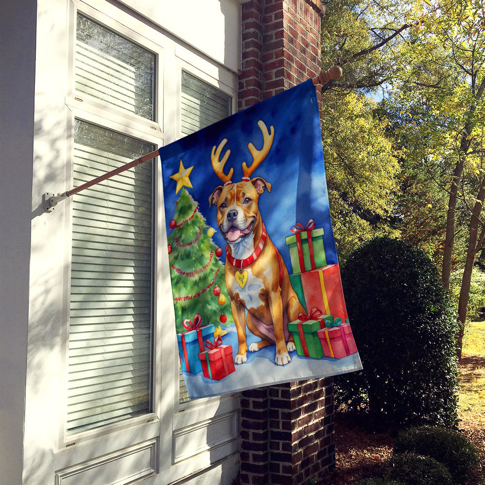 Staffordshire Bull Terrier Christmas Reindeer House Flag 28x40 Porch Sleeve Pole Decorative Outside Yard Banner Artwork Wall Hanging, Polyester