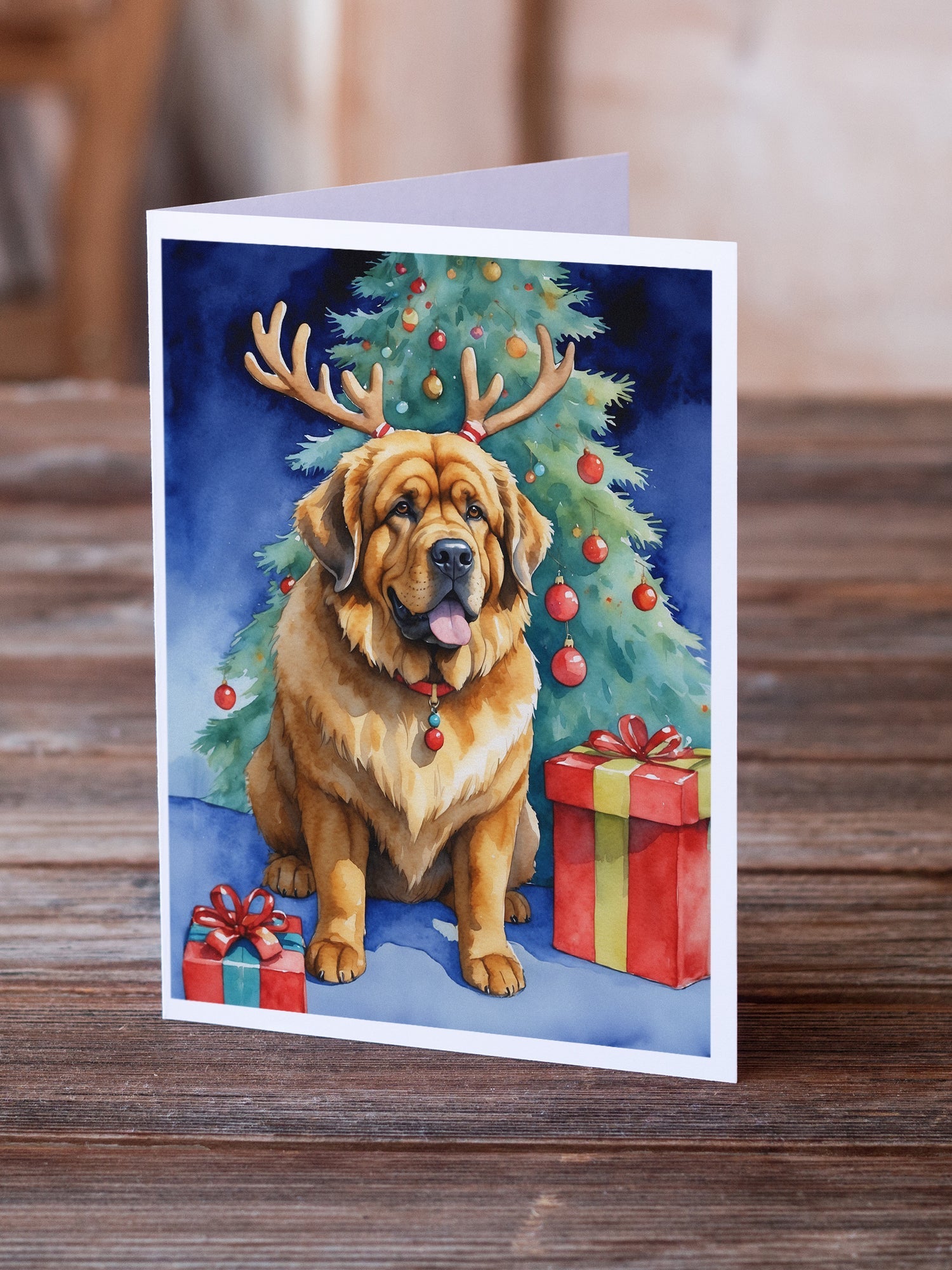 Tibetan Mastiff Christmas Reindeer Greeting Cards Pack of 8 Blank Cards with Envelopes Whimsical A7 Size 5x7