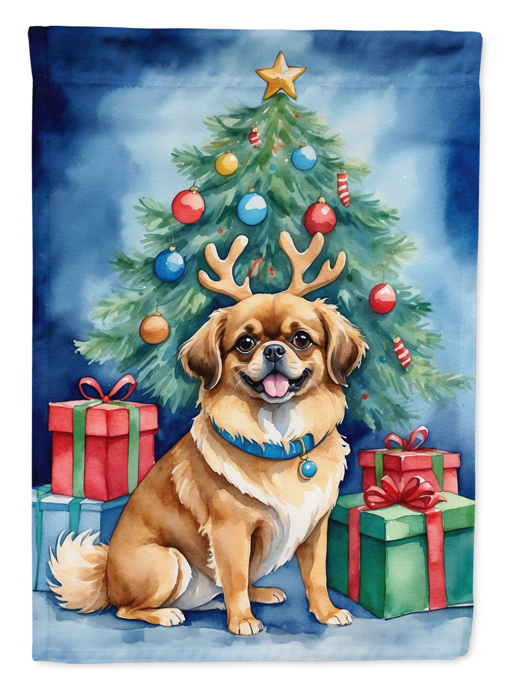 Tibetan Spaniel Christmas Reindeer House Flag 28x40 Porch Sleeve Pole Decorative Outside Yard Banner Artwork Wall Hanging, Polyester