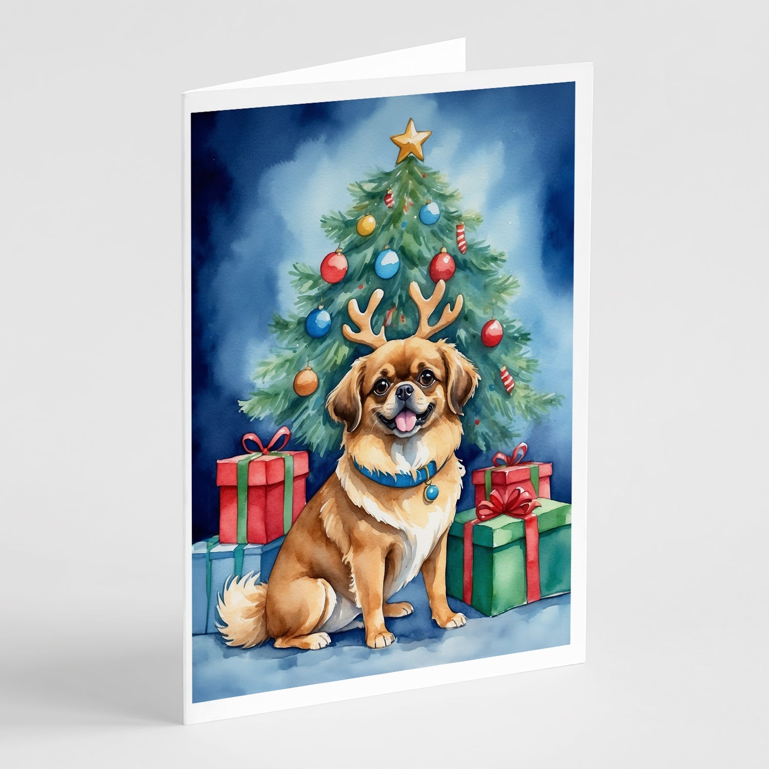 Tibetan Spaniel Christmas Reindeer Greeting Cards Pack of 8 Blank Cards with Envelopes Whimsical A7 Size 5x7