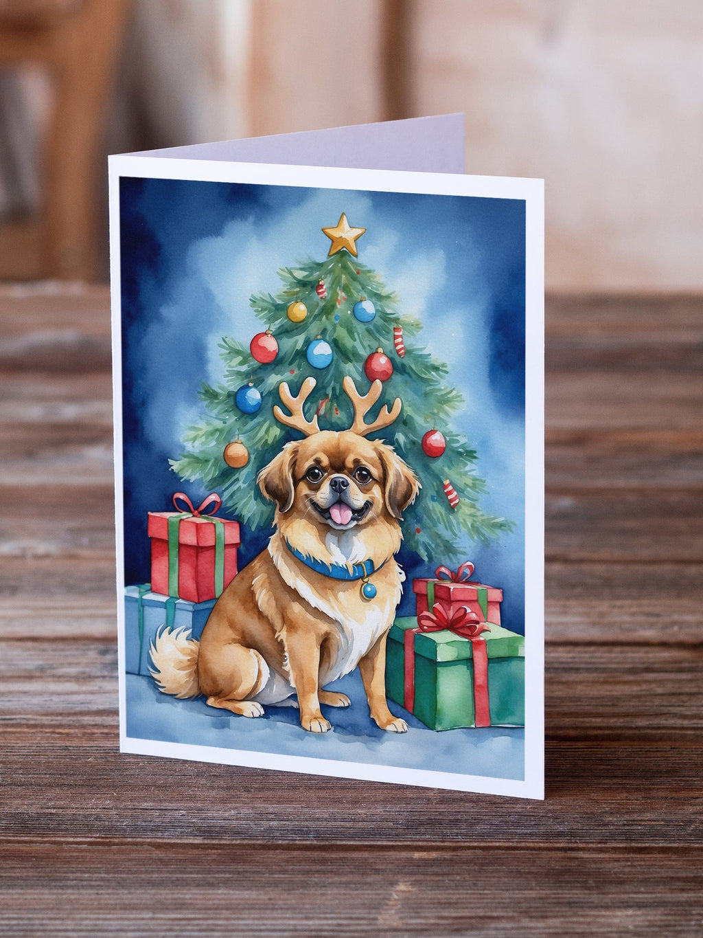 Tibetan Spaniel Christmas Reindeer Greeting Cards Pack of 8 Blank Cards with Envelopes Whimsical A7 Size 5x7