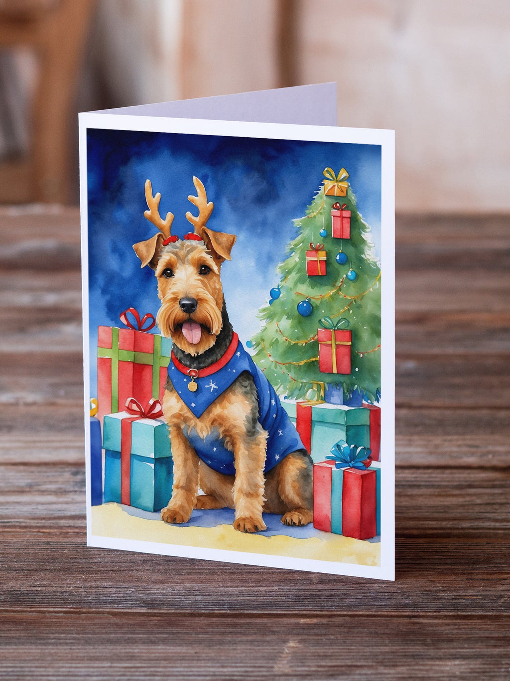 Welsh Terrier Christmas Reindeer Greeting Cards Pack of 8 Blank Cards with Envelopes Whimsical A7 Size 5x7