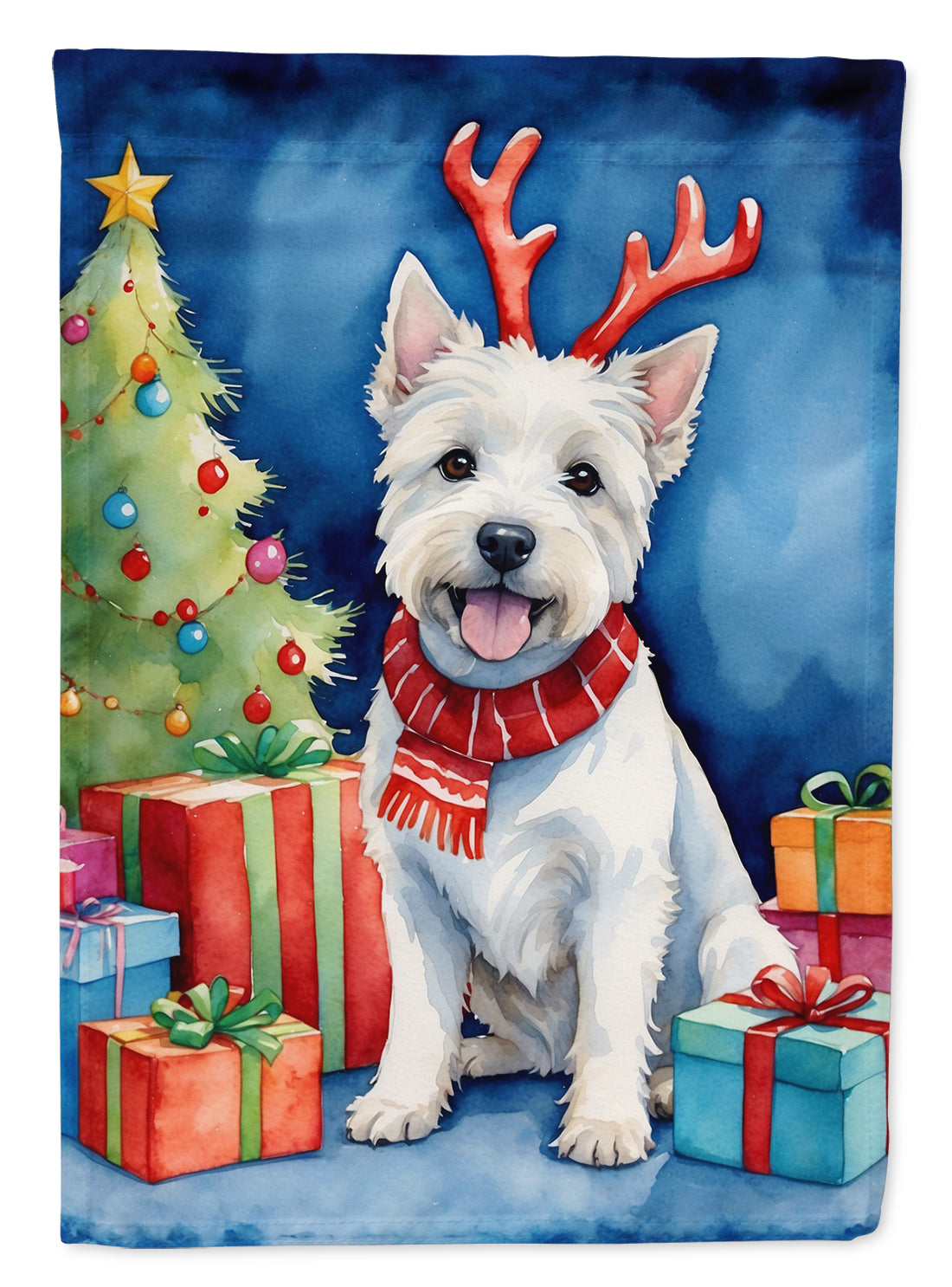 Westie Christmas Reindeer House Flag 28x40 Porch Sleeve Pole Decorative Outside Yard Banner Artwork Wall Hanging, Polyester