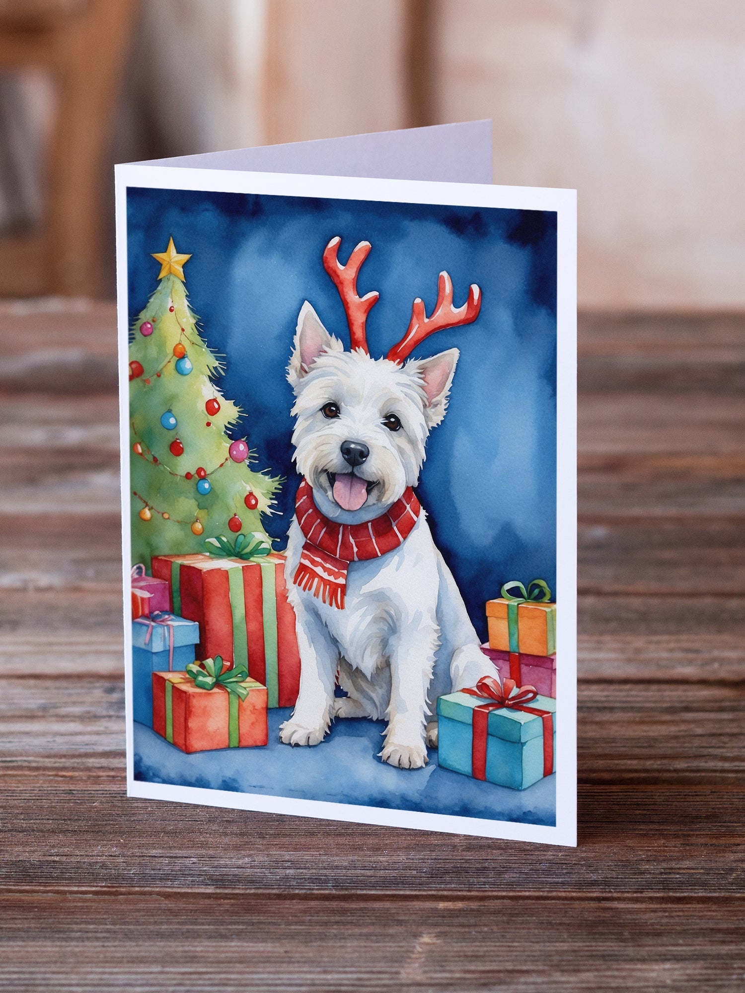 Westie Christmas Reindeer Greeting Cards Pack of 8 Blank Cards with Envelopes Whimsical A7 Size 5x7