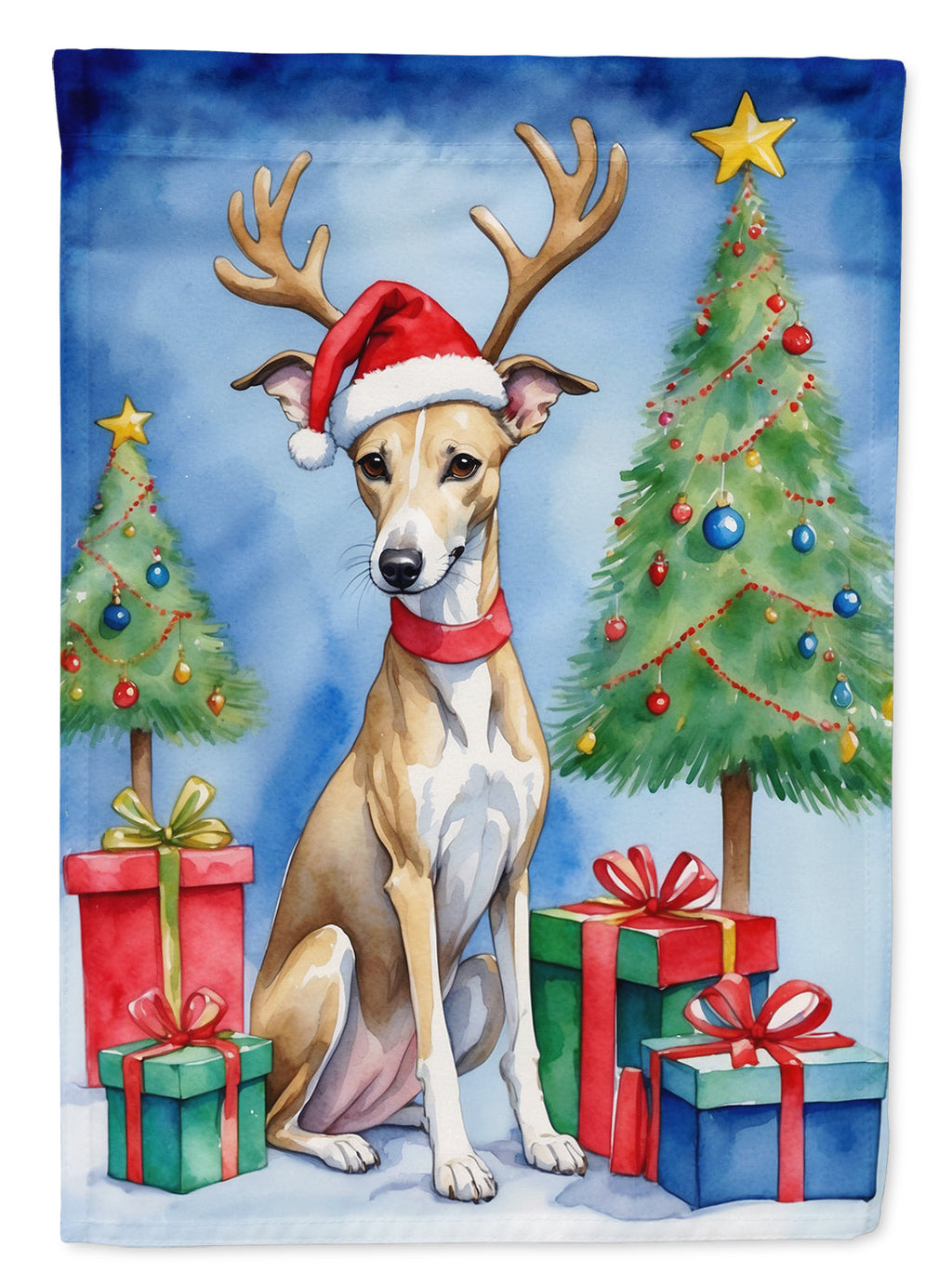 Whippet Christmas Reindeer House Flag 28x40 Porch Sleeve Pole Decorative Outside Yard Banner Artwork Wall Hanging, Polyester