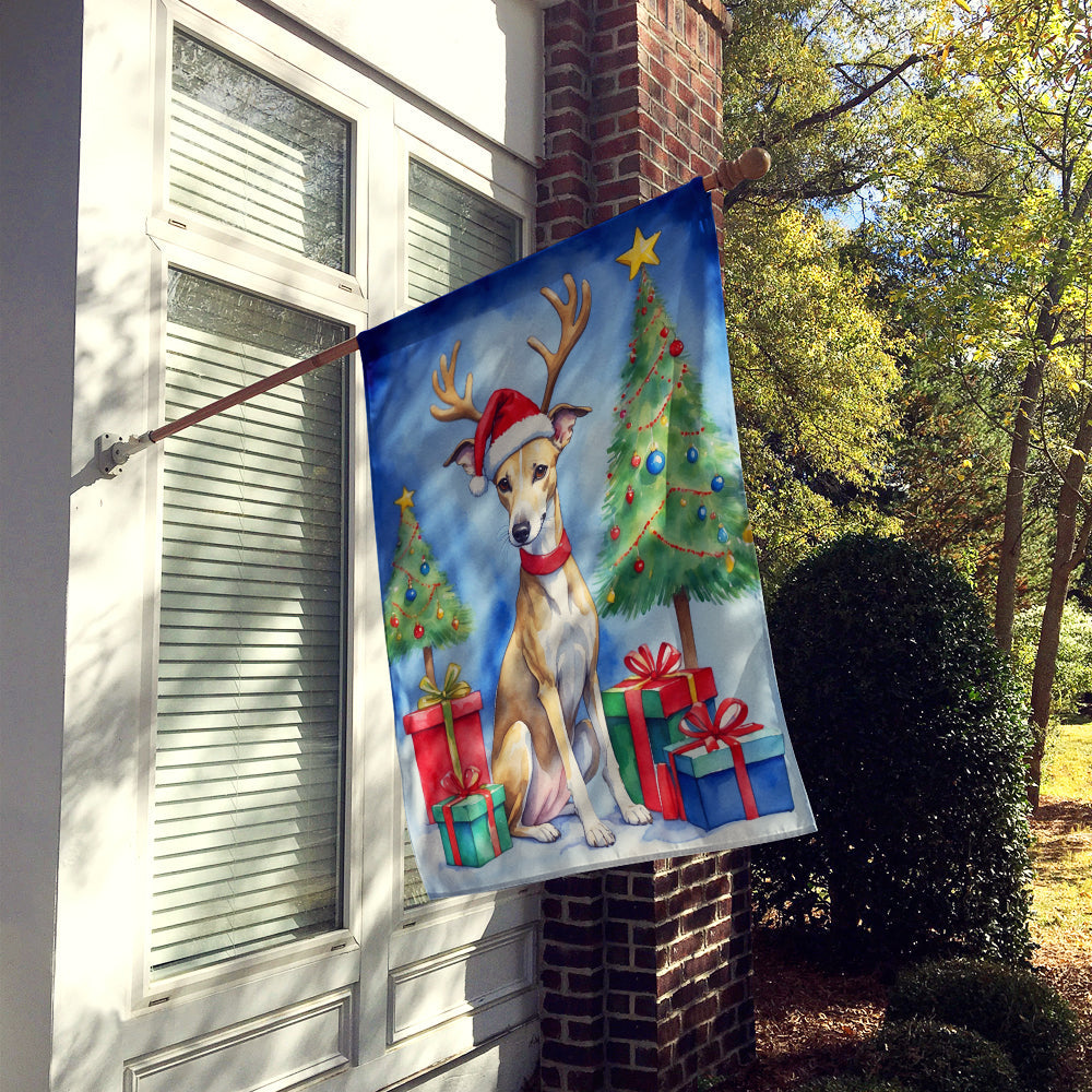 Whippet Christmas Reindeer House Flag 28x40 Porch Sleeve Pole Decorative Outside Yard Banner Artwork Wall Hanging, Polyester