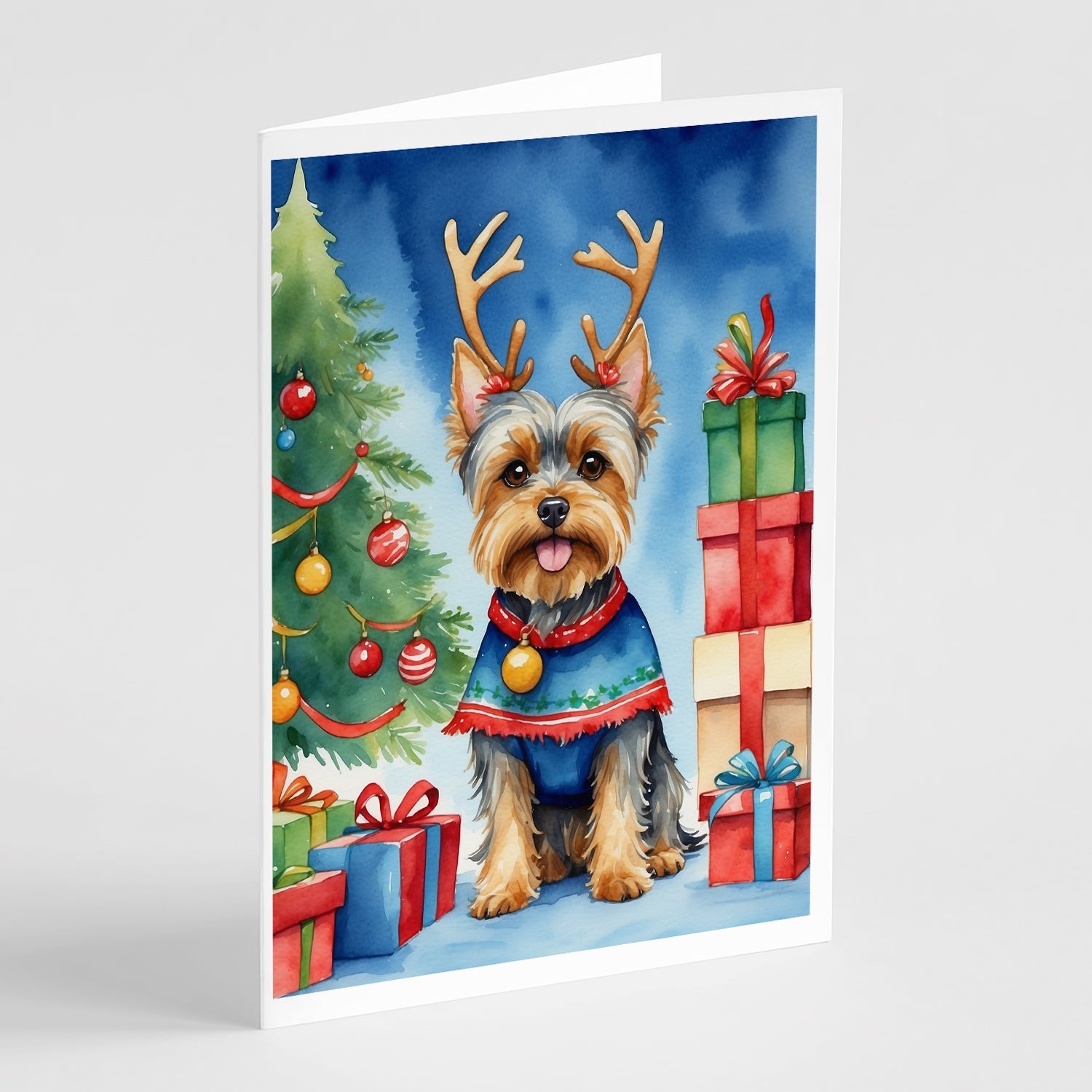 Yorkshire Terrier Yorkie Christmas Reindeer Greeting Cards Pack of 8 Blank Cards with Envelopes Whimsical A7 Size 5x7