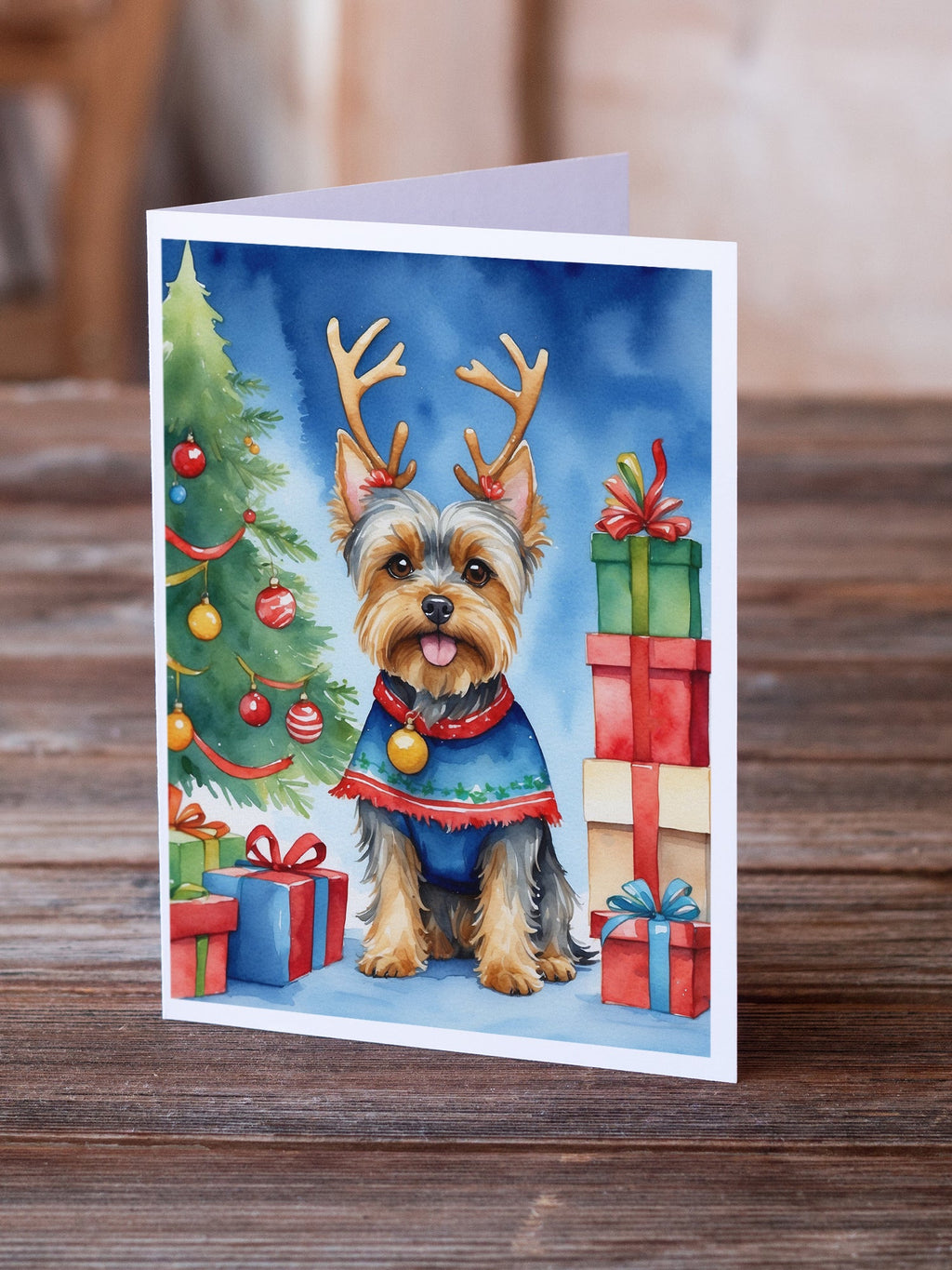 Yorkshire Terrier Yorkie Christmas Reindeer Greeting Cards Pack of 8 Blank Cards with Envelopes Whimsical A7 Size 5x7