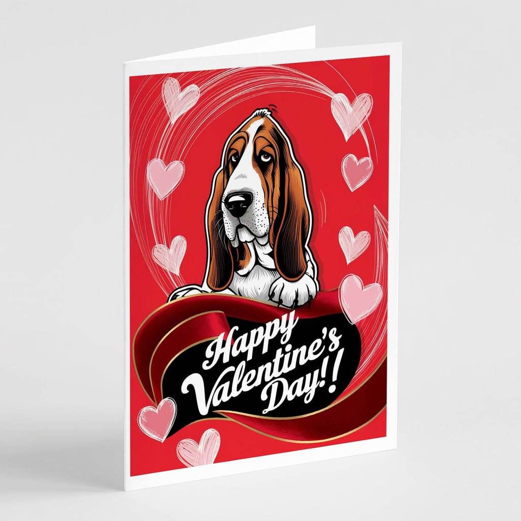 Basset Hound Happy Valentine's Day Greeting Cards Pack of 8 Blank Cards with Envelopes Whimsical A7 Size 5x7