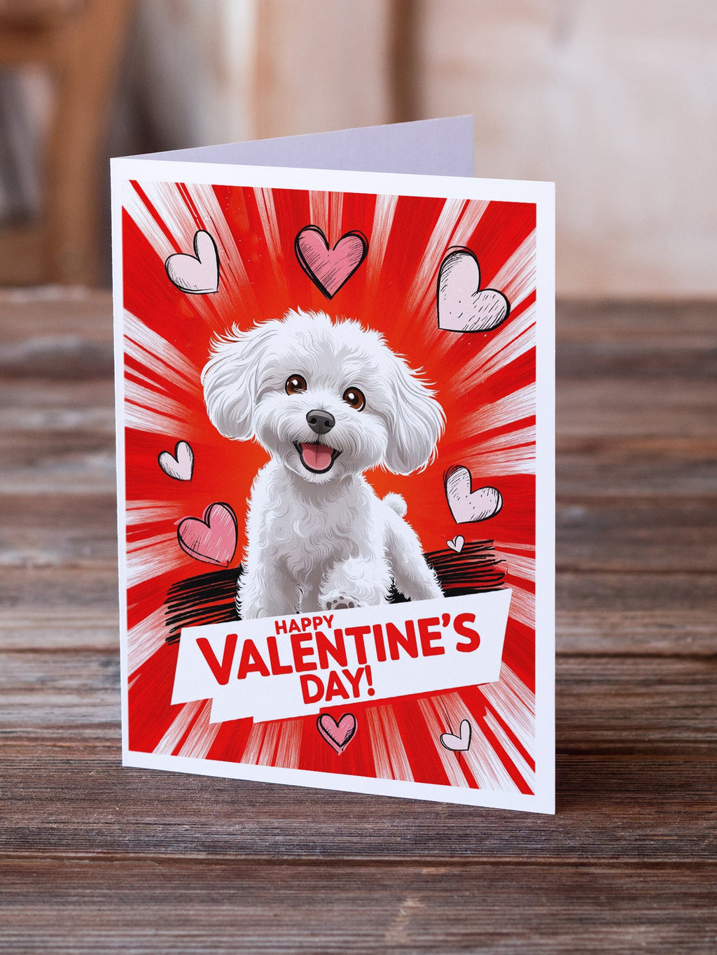 Bichon Frise Happy Valentine's Day Greeting Cards Pack of 8 Blank Cards with Envelopes Whimsical A7 Size 5x7