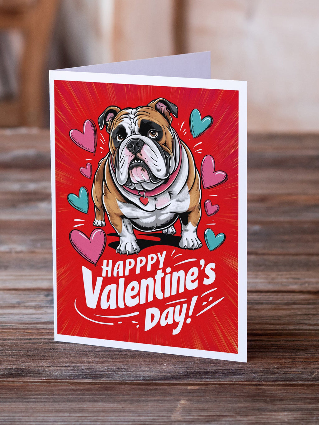 English Bulldog Happy Valentine's Day Greeting Cards Pack of 8 Blank Cards with Envelopes Whimsical A7 Size 5x7