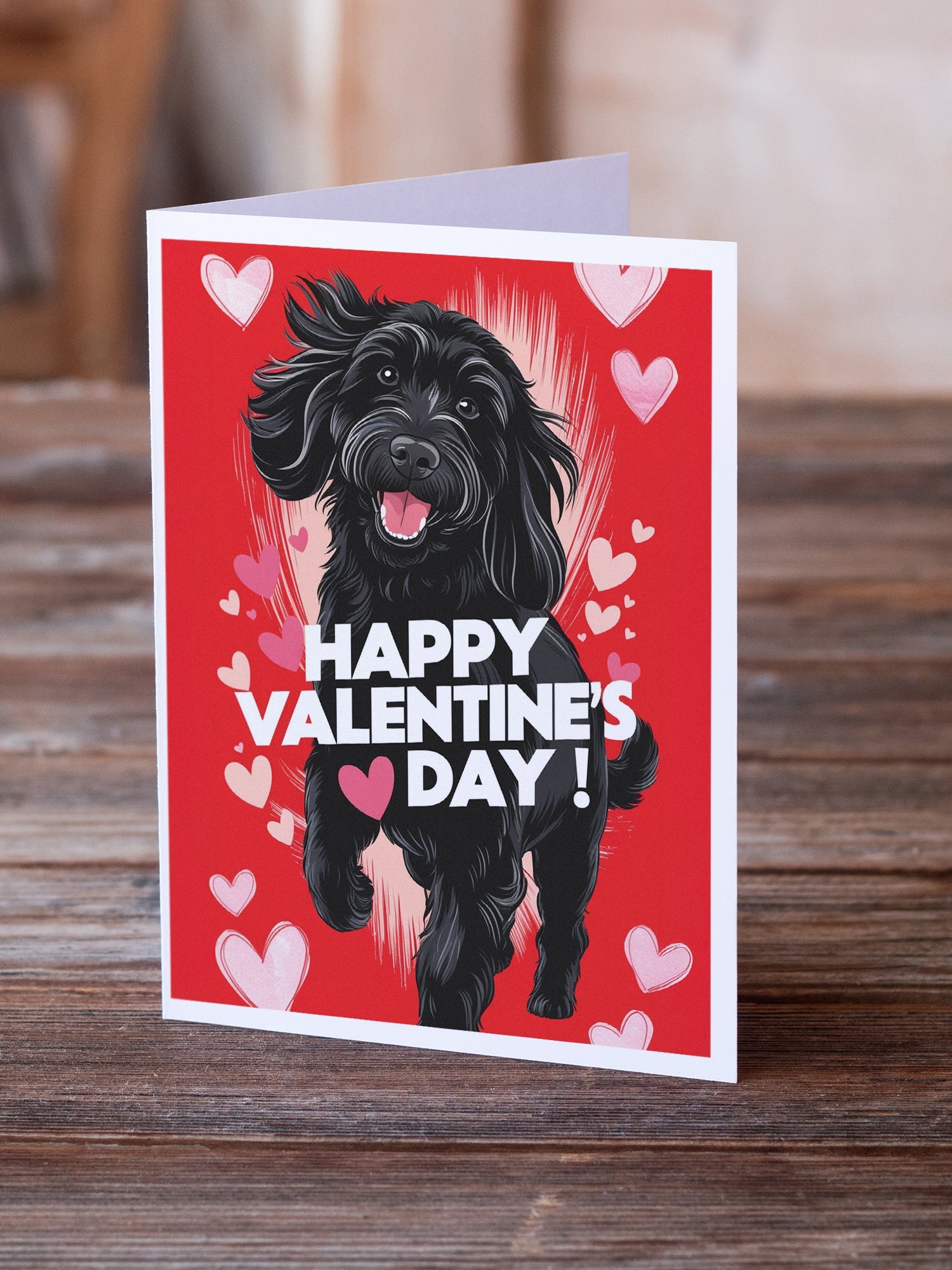 Black Labradoodle Happy Valentine's Day Greeting Cards Pack of 8 Blank Cards with Envelopes Whimsical A7 Size 5x7