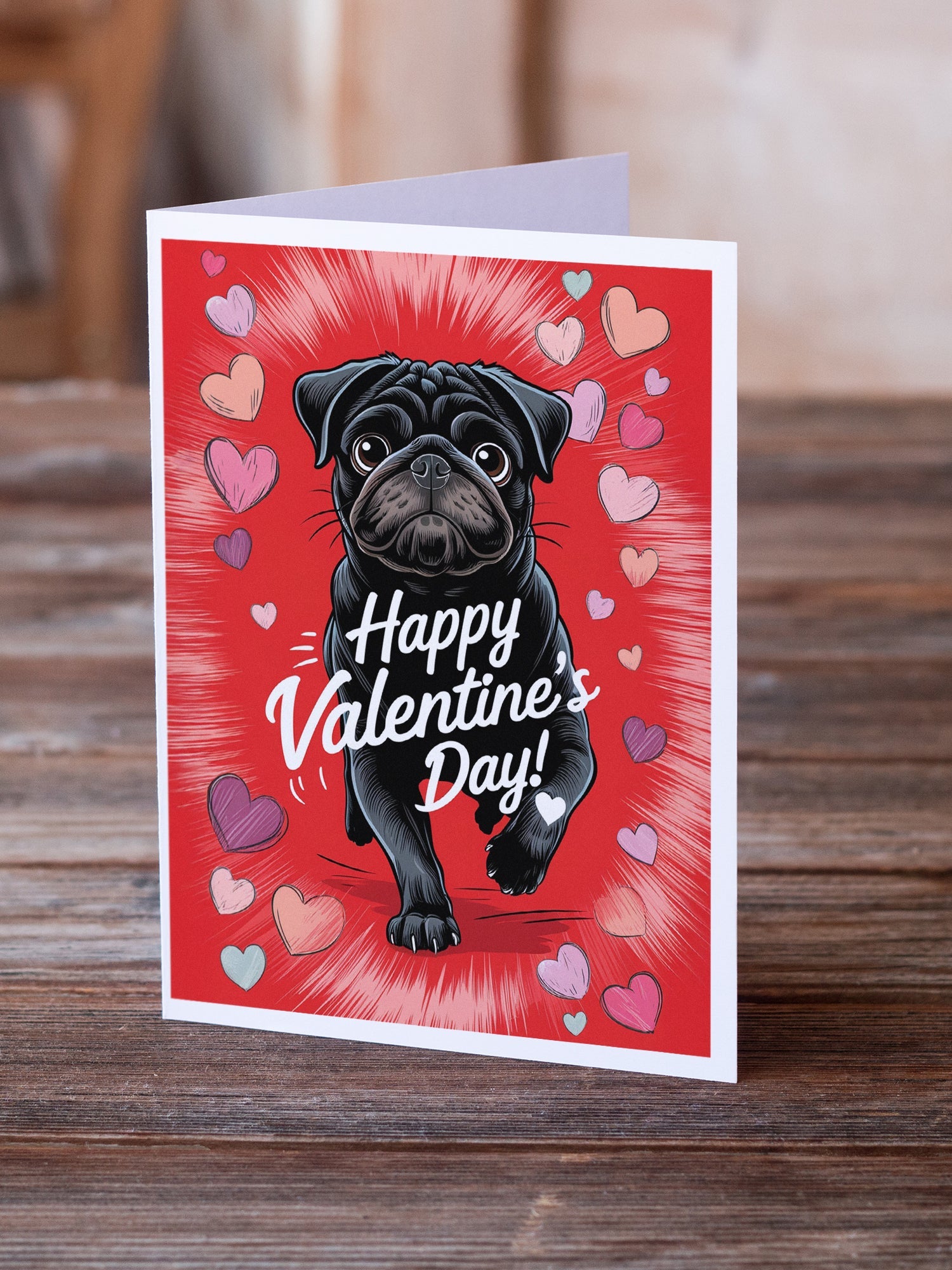 Black Pug Happy Valentine's Day Greeting Cards Pack of 8 Blank Cards with Envelopes Whimsical A7 Size 5x7