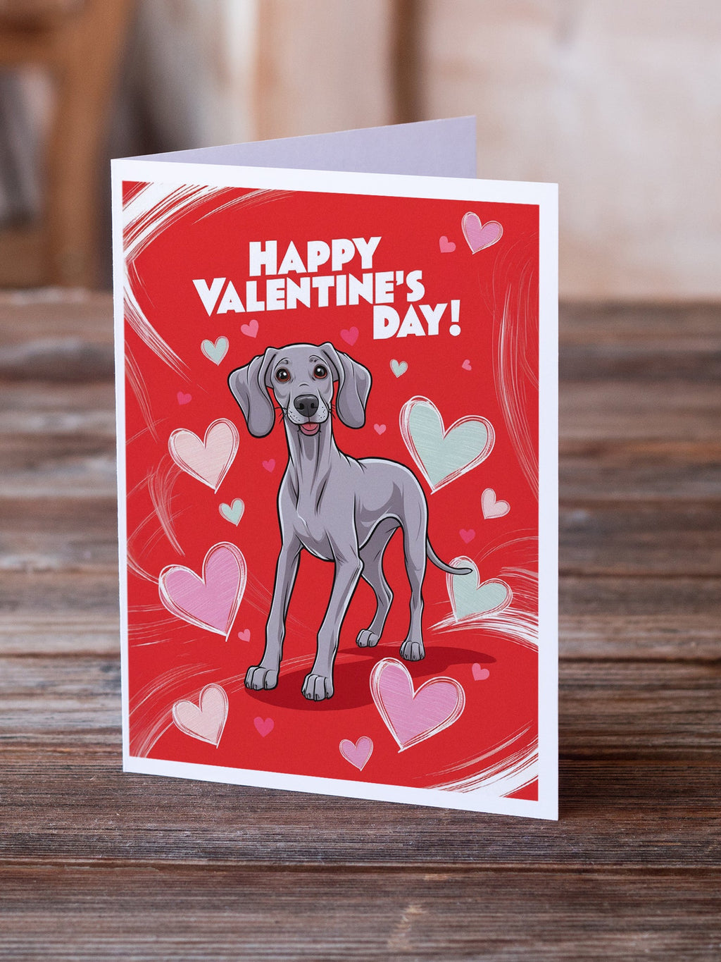 Weimaraner Happy Valentine's Day Greeting Cards Pack of 8 Blank Cards with Envelopes Whimsical A7 Size 5x7