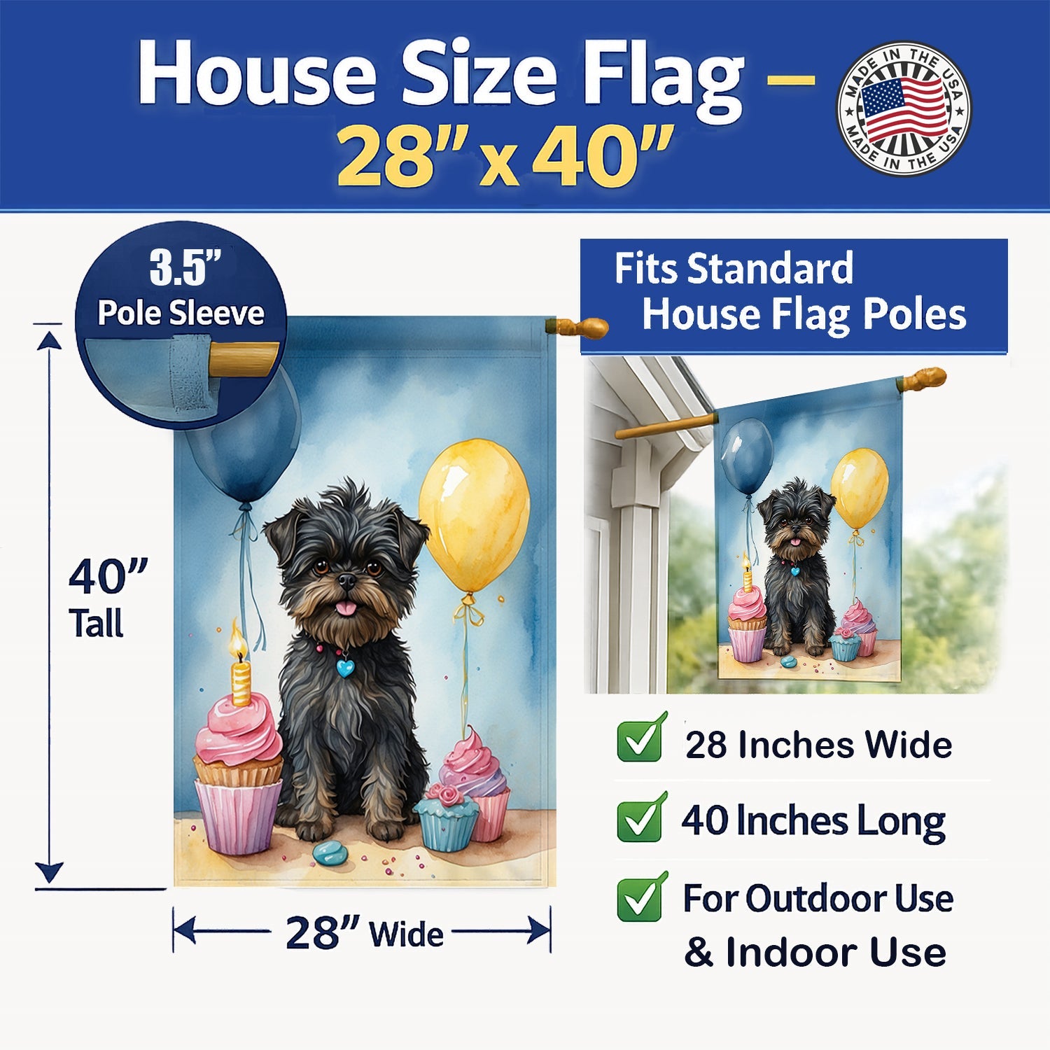 Affenpinscher Happy Birthday House Flag 28x40 Porch Sleeve Pole Decorative Outside Yard Banner Artwork Wall Hanging, Polyester