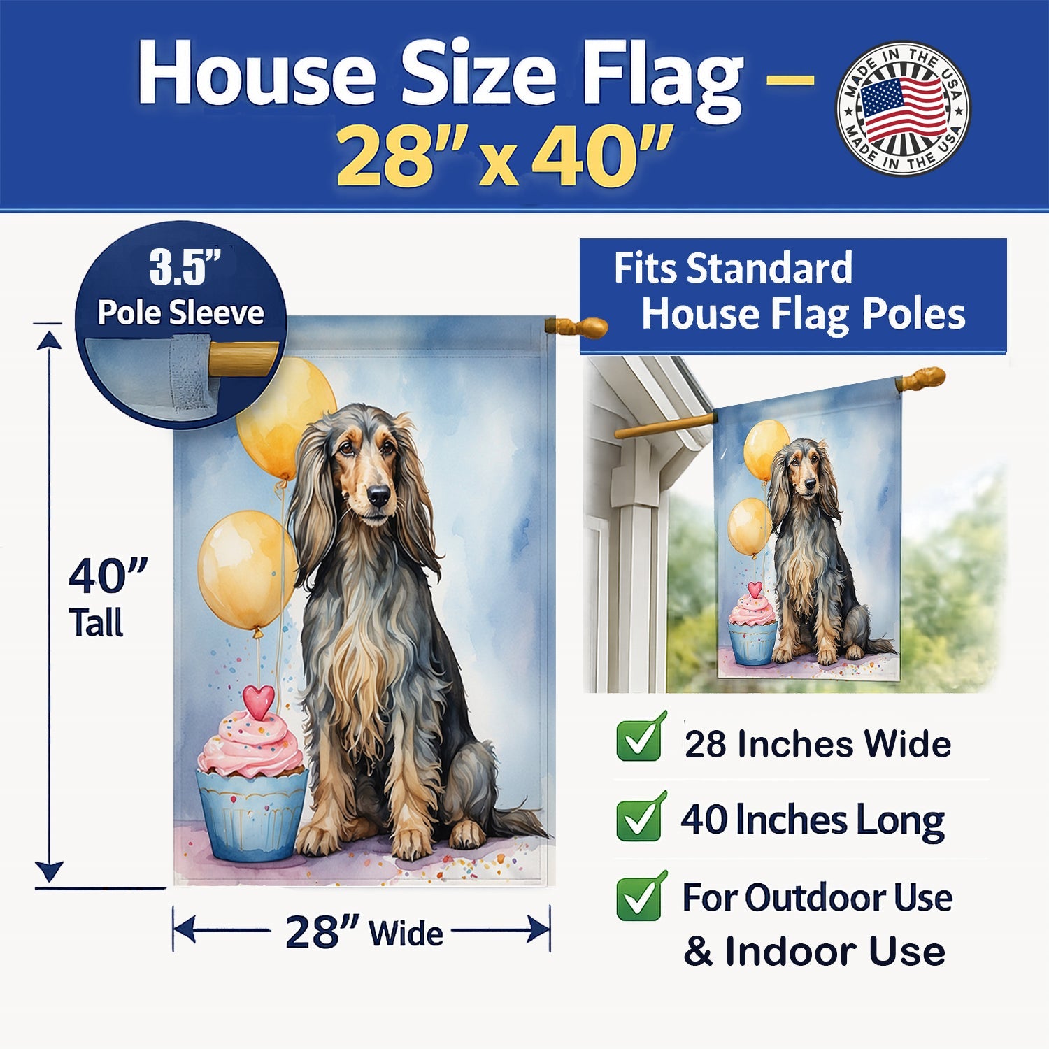 Afghan Hound Happy Birthday House Flag 28x40 Porch Sleeve Pole Decorative Outside Yard Banner Artwork Wall Hanging, Polyester